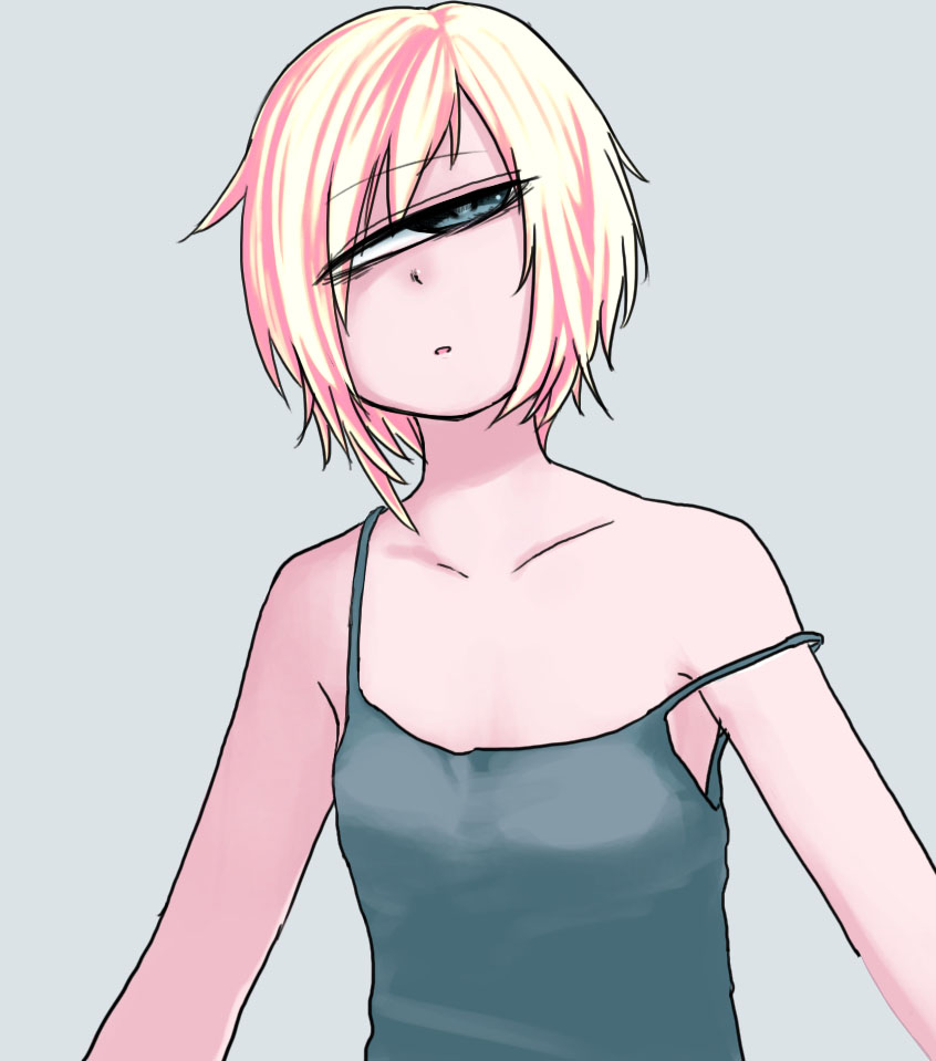 1girl bare_shoulders blonde_hair blue_camisole blue_eyes camisole cyclops grey_background head_tilt kuronyankokko looking_at_viewer multicolored_hair one-eyed original parted_lips pink_hair simple_background solo strap_slip streaked_hair two-tone_hair