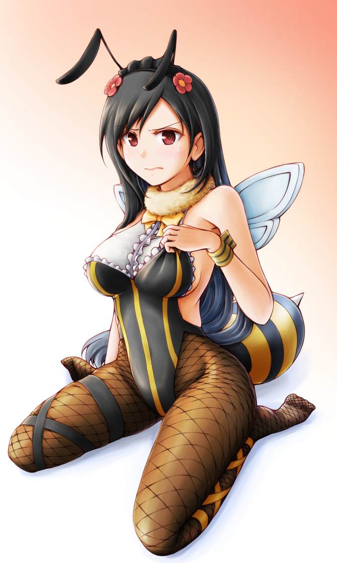 1girl alternate_costume annoyed bee bee_costume black_hair black_legwear black_leotard bug fake_antennae fake_wings final_fantasy final_fantasy_vii final_fantasy_vii_remake fishnet_legwear fishnets highleg highleg_leotard insect insect_wings leotard long_hair low-tied_long_hair meihemu pantyhose red_eyes solo striped_leotard tifa_lockhart vertical-striped_leotard wings