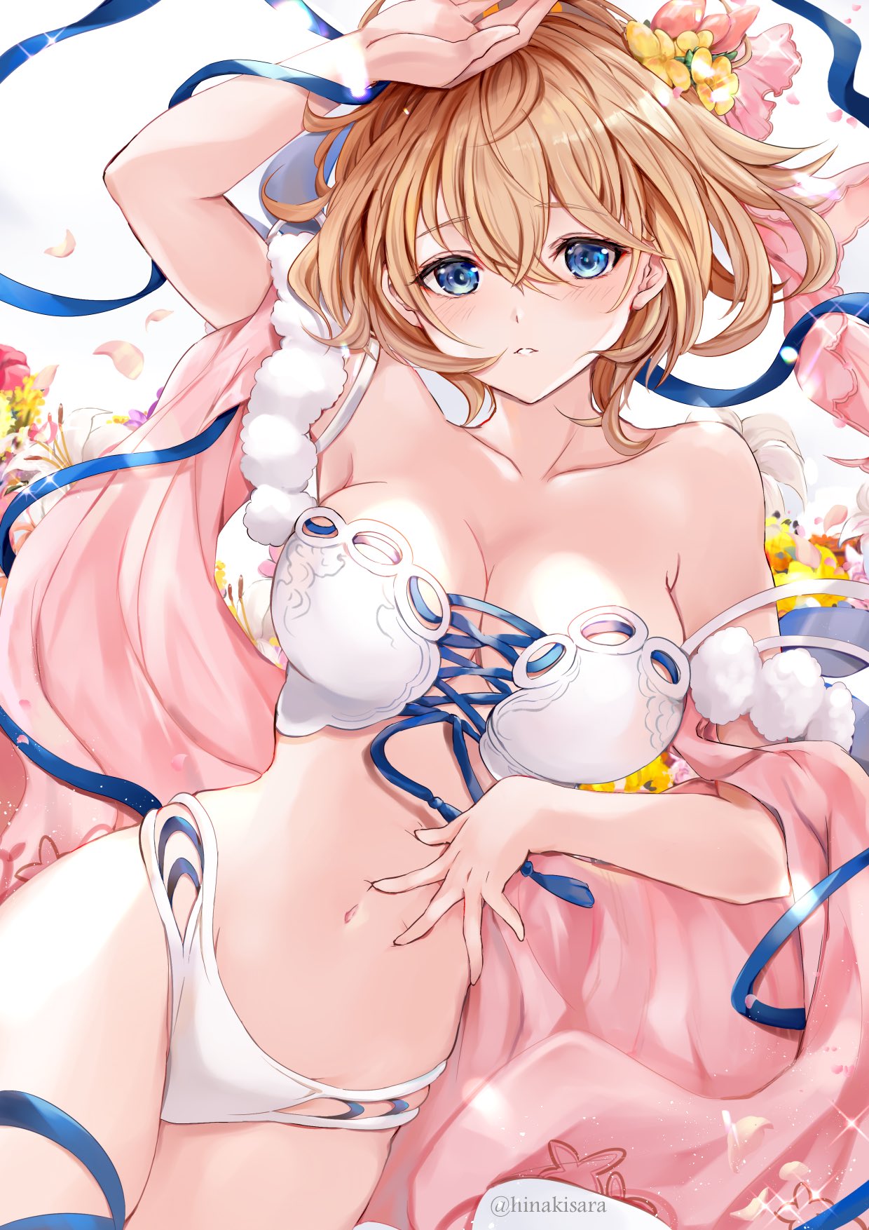 1girl arm_up bangs bare_arms bare_shoulders bikini blonde_hair blue_eyes blush breasts collarbone commentary_request europa_(granblue_fantasy) eyebrows_visible_through_hair fingernails flower granblue_fantasy hair_flower hair_ornament highres hinahino looking_at_viewer medium_breasts navel parted_lips petals shiny shiny_hair simple_background solo sparkle stomach swimsuit thighs white_background white_bikini