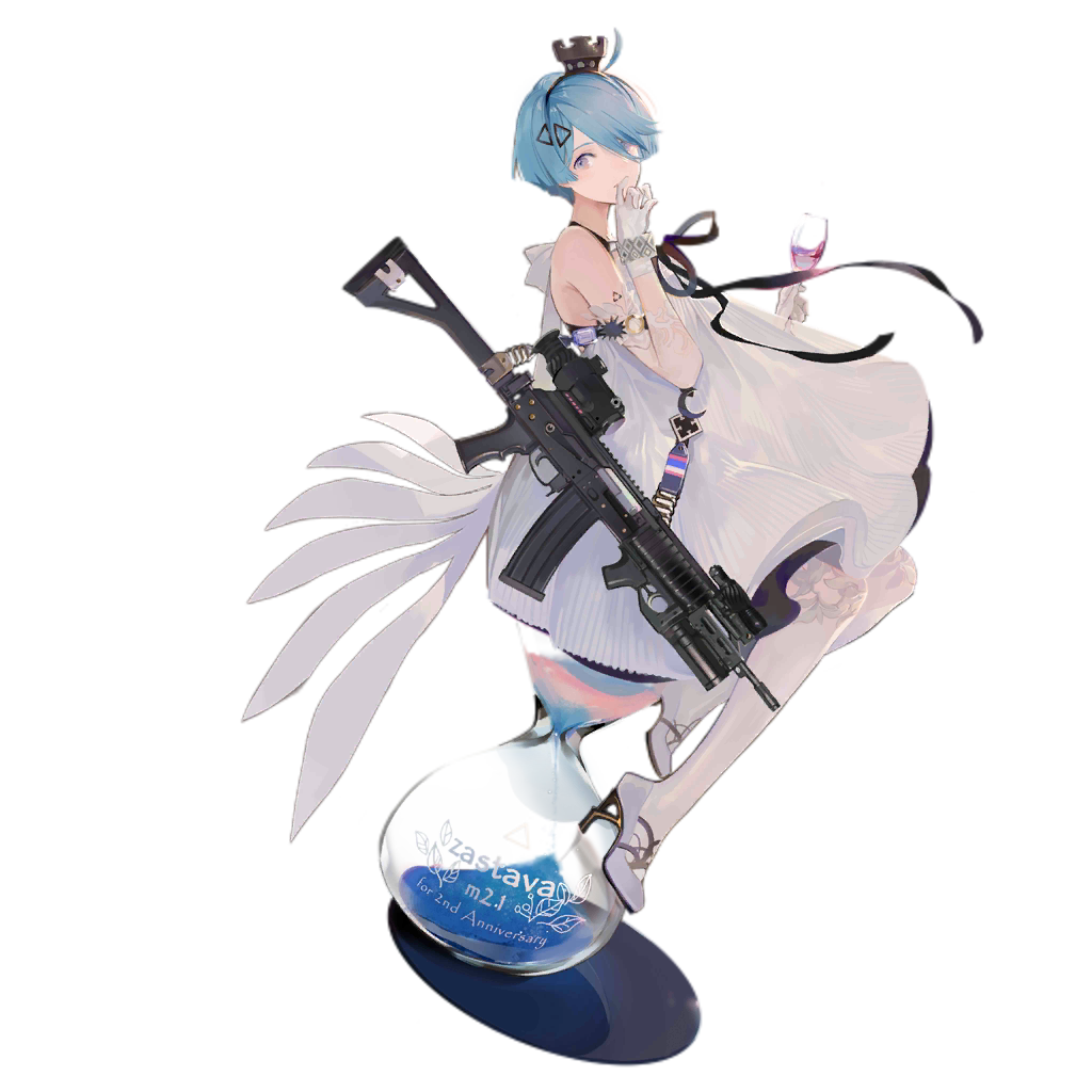 1girl ahoge alcohol alternate_costume anniversary arm_up assault_rifle bangs bare_shoulders black_hairband blue_hair cup dress drinking_glass from_side full_body girls_frontline glass gloves grey_eyes gun hair_between_eyes hair_ornament hair_over_one_eye hairband headwear high_heels holding holding_cup looking_at_viewer nineo official_art rifle scope shoes short_hair sitting solo thigh-highs weapon white_dress white_footwear white_gloves white_legwear wine_glass zas_m21_(girls_frontline) zastava_m21