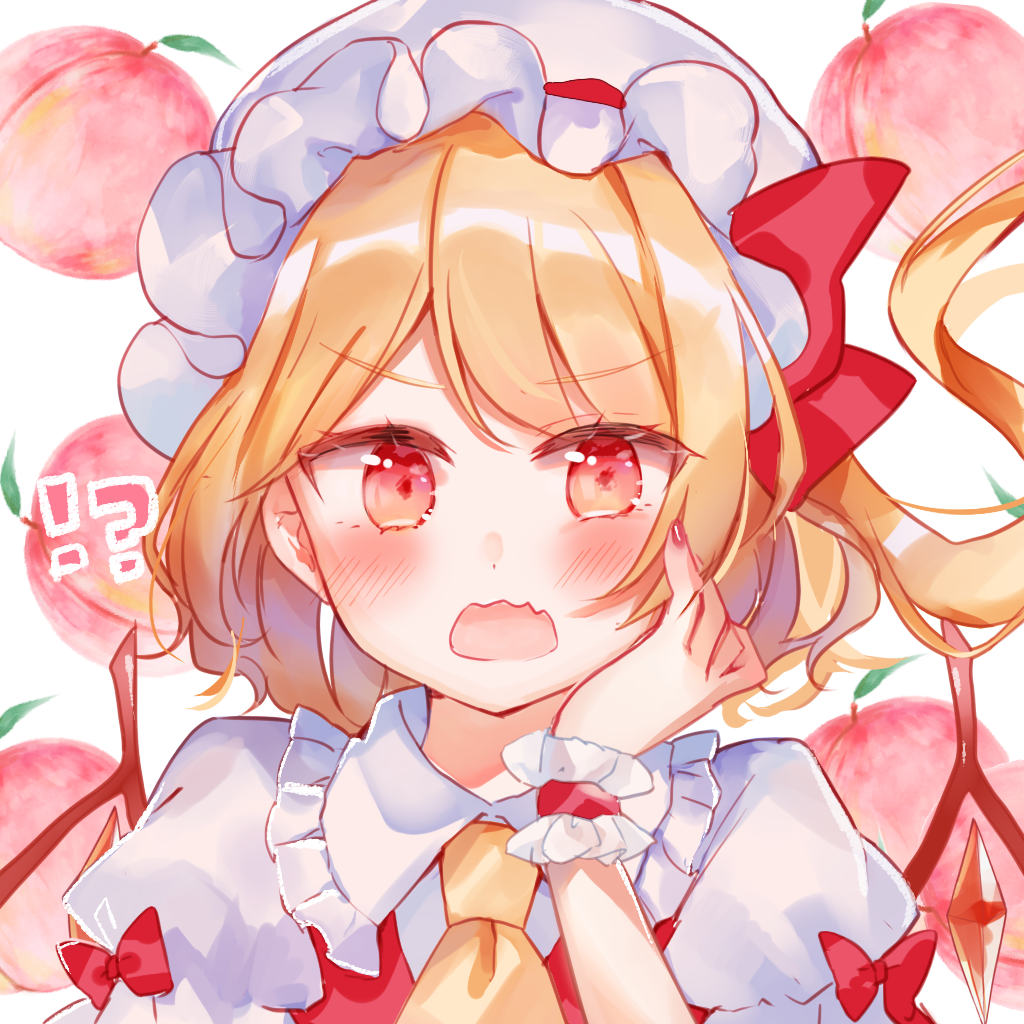 !? 1girl bangs blonde_hair blush bow collared_shirt commentary_request eyebrows_visible_through_hair flandre_scarlet food frilled_shirt_collar frills fruit hand_on_own_face hand_up hat long_hair looking_at_viewer mob_cap moko_(3886397) nail_polish one_side_up open_mouth peach puffy_short_sleeves puffy_sleeves red_bow red_eyes red_nails red_vest shirt short_sleeves solo touhou upper_body v-shaped_eyebrows vest wavy_mouth white_background white_headwear white_shirt yellow_neckwear