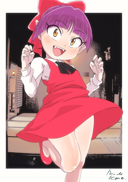 1girl bow dress gegege_no_kitarou hair_bow looking_at_viewer mizu_kane nekomusume open_mouth pointy_ears purple_hair red_bow red_dress short_hair smile solo yellow_eyes