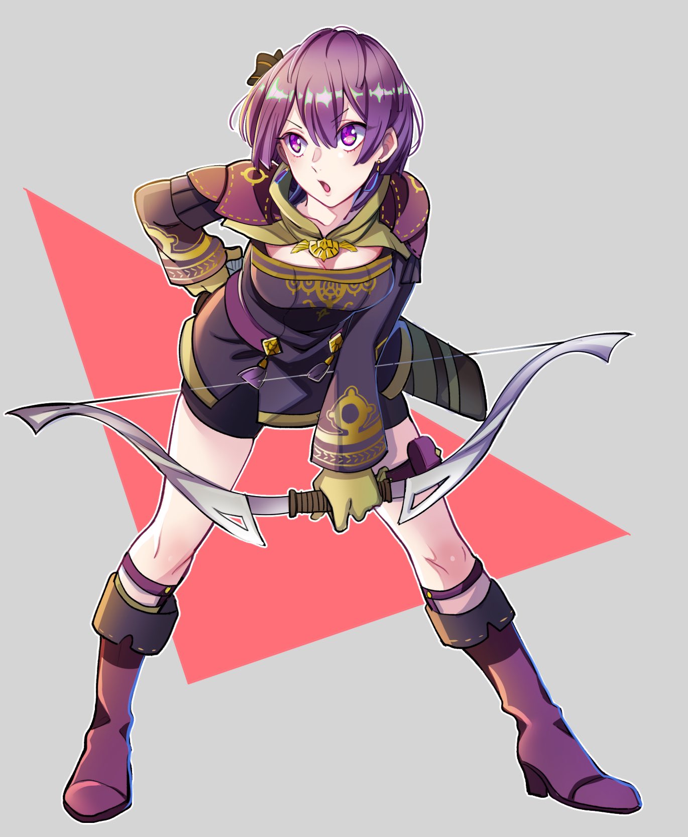 1girl 96ks_3h bernadetta_von_varley bike_shorts boots bow_(weapon) dress earrings fire_emblem fire_emblem:_three_houses full_body gloves hair_ornament high_heel_boots high_heels highres holding holding_bow_(weapon) holding_weapon jewelry leaning_forward long_sleeves open_mouth purple_hair quiver short_dress simple_background solo violet_eyes weapon yellow_gloves