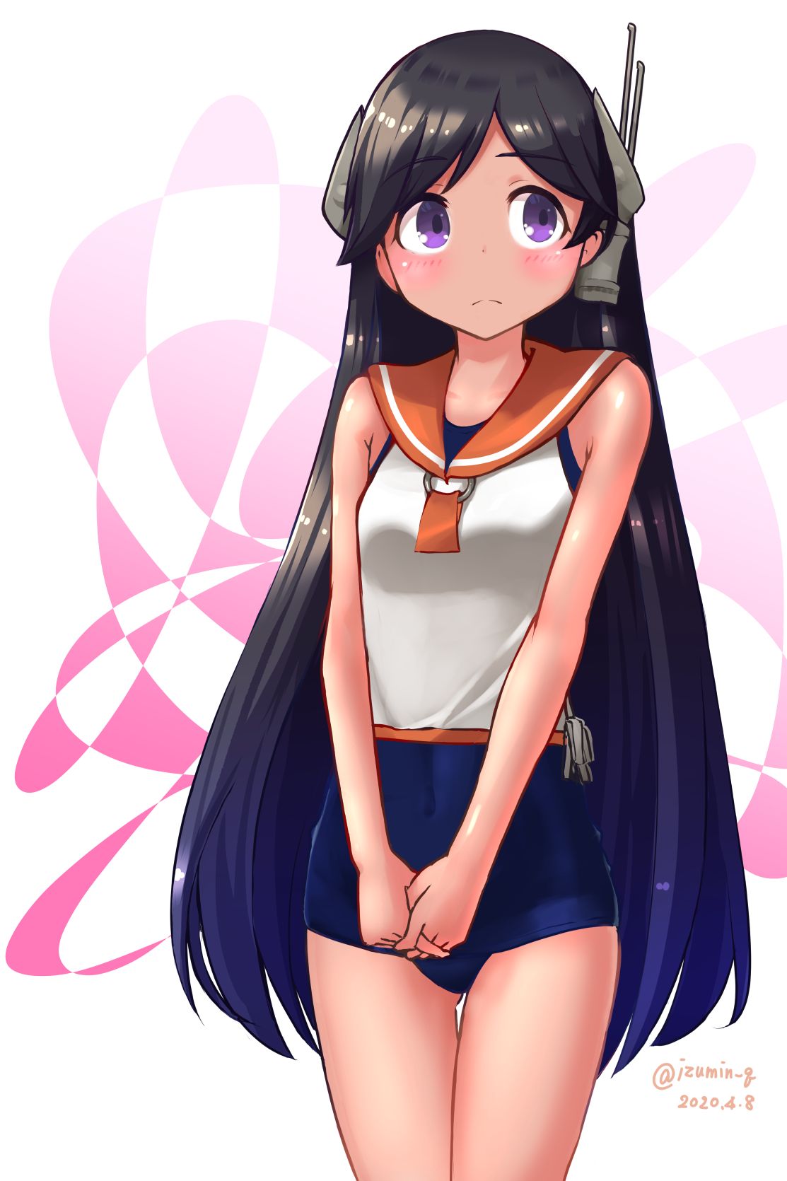 1girl black_hair blue_swimsuit commentary_request cowboy_shot headgear highres i-400_(kantai_collection) izumikuma kantai_collection looking_to_the_side orange_sailor_collar sailor_collar sailor_shirt school_swimsuit shirt side-tie_shirt sleeveless sleeveless_shirt solo standing swimsuit swimsuit_under_clothes tan violet_eyes