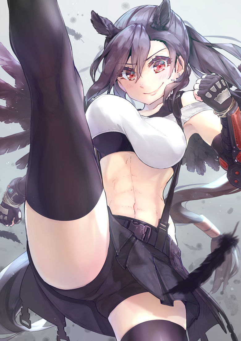 1girl animal_ears bangs bare_shoulders bike_shorts black_gloves black_hair black_legwear black_shorts black_skirt blush breasts commentary_request cosplay cowboy_shot crop_top eyebrows_visible_through_hair final_fantasy final_fantasy_vii final_fantasy_vii_remake fingerless_gloves gloves grey_background hair_between_eyes horse_ears kurokoma_saki large_breasts leg_up long_hair long_ponytail looking_at_viewer midriff miniskirt pleated_skirt ponytail red_eyes short_shorts shorts shorts_under_skirt skirt smile solo stomach strap_slip suspenders syuri22 tank_top thigh-highs thighs tifa_lockhart tifa_lockhart_(cosplay) touhou unaligned_breasts very_long_hair white_tank_top