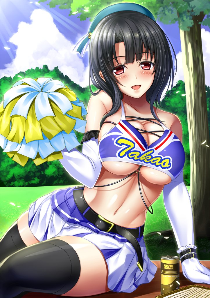 1girl alternate_costume beret black_hair blue_headwear blue_sky breasts bush can character_name cheerleader clothes_writing clouds commentary_request cowboy_shot crop_top crop_top_overhang day elbow_gloves gloves hat kantai_collection large_breasts light_rays looking_at_viewer midriff outdoors pleated_skirt pom_poms red_eyes shibata_rai shirt short_hair sitting skirt sky sleeveless sleeveless_shirt solo sunbeam sunlight takao_(kantai_collection) tree under_boob white_gloves yokozuwari
