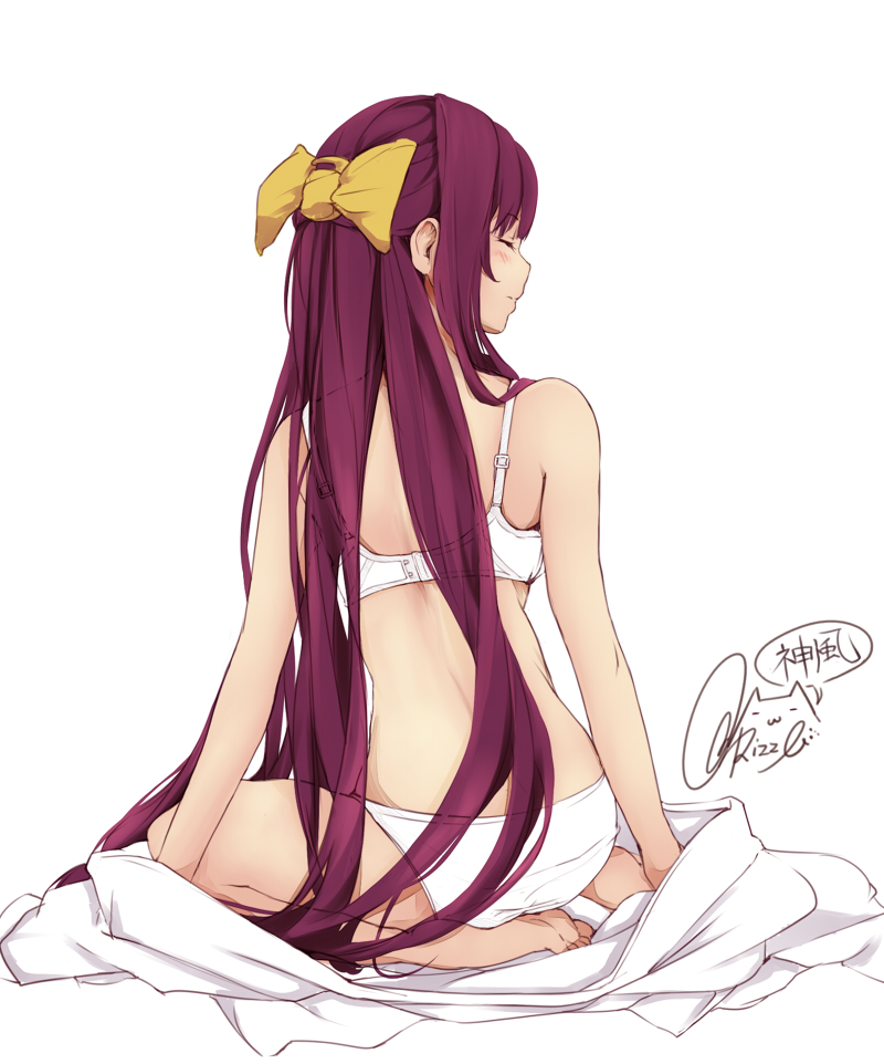 1girl back barefoot blush bra character_name closed_mouth eyebrows_visible_through_hair from_behind hair_ribbon kamikaze_(kantai_collection) kantai_collection long_hair panties purple_hair ribbon rizzl signature simple_background solo twitter_username underwear underwear_only white_background white_bra white_panties yellow_ribbon