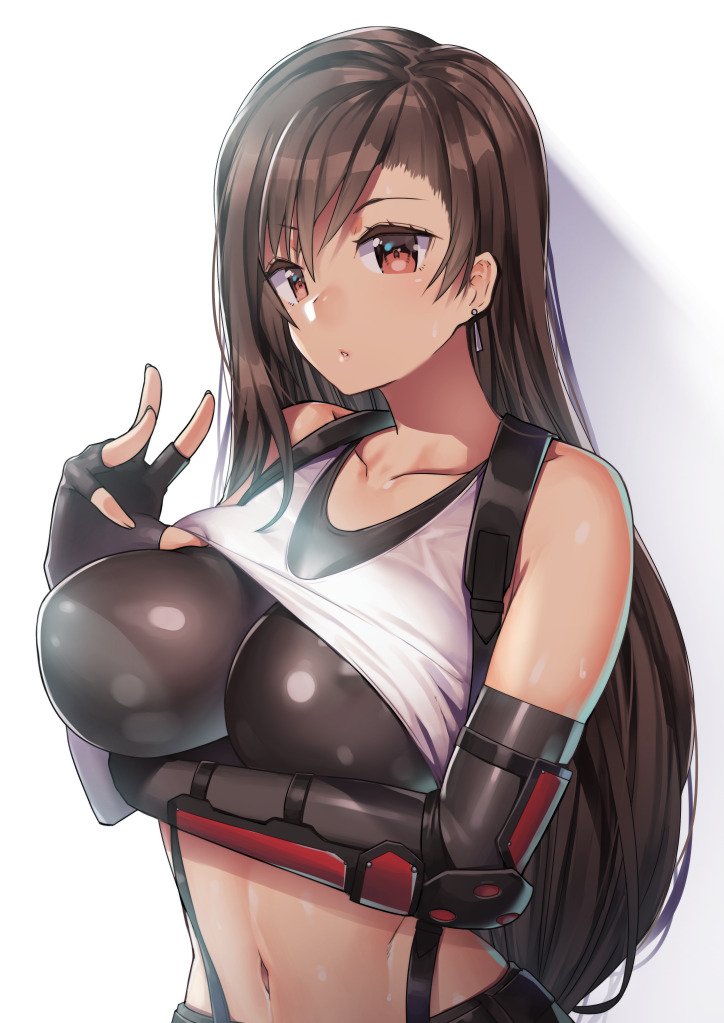 1girl arm_guards breasts brown_eyes earrings final_fantasy final_fantasy_vii final_fantasy_vii_remake fingerless_gloves gloves jewelry long_hair looking_at_viewer low-tied_long_hair nagase_haruhito navel shiny shiny_clothes shirt shirt_lift simple_background skirt solo sports_bra stomach suspender_skirt suspenders tank_top taut_clothes taut_shirt tifa_lockhart toned upper_body white_tank_top