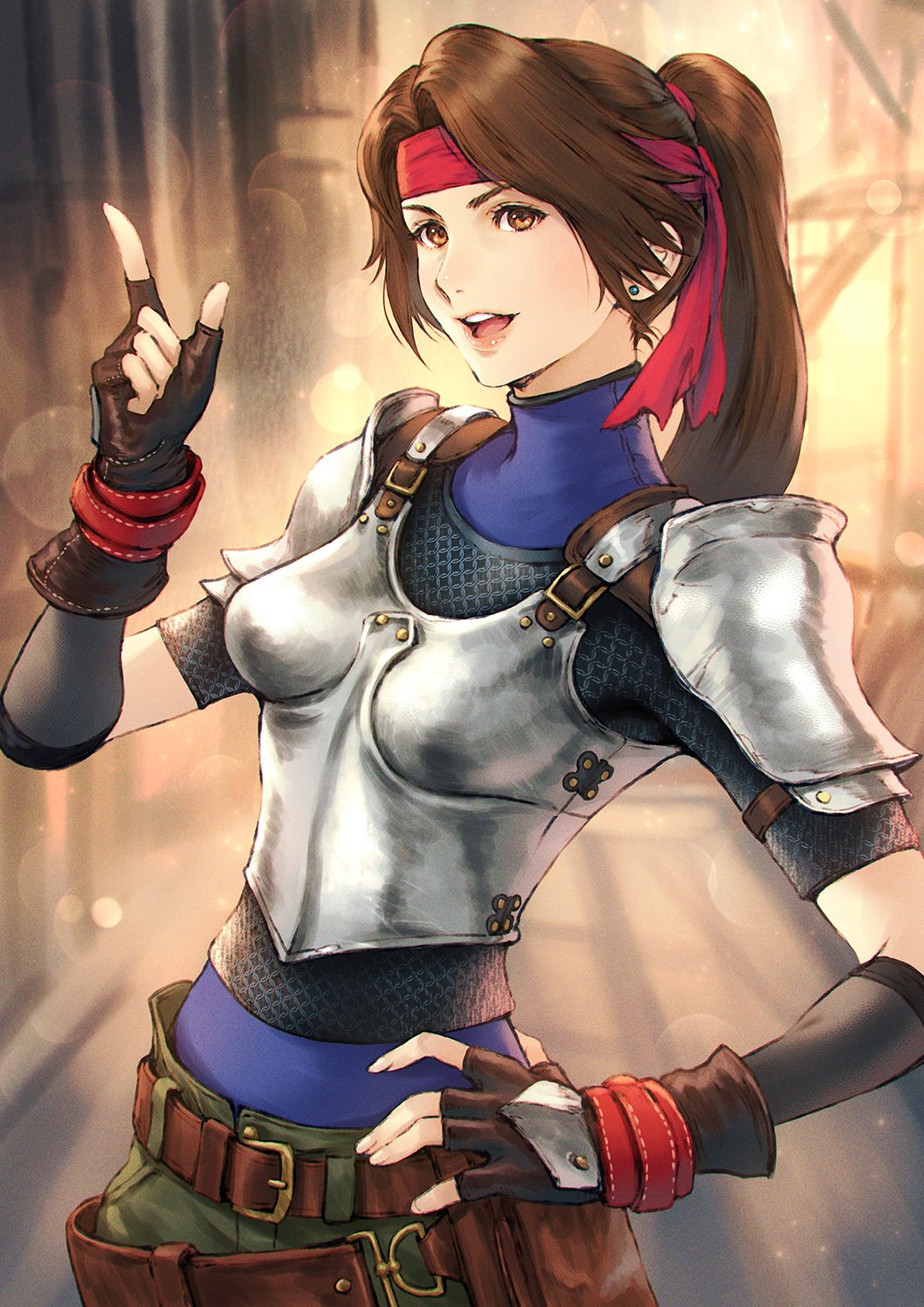 1girl armor belt breastplate brown_eyes brown_hair commentary_request earrings female final_fantasy final_fantasy_vii final_fantasy_vii_remake fingerless_gloves gloves hand_on_hip headband highres index_finger_raised jessie_(ff7) jessie_rasberry jewelry long_hair makimura_shunsuke open_mouth ponytail red_headband red_headwear shoulder_armor solo tied_hair turtleneck upper_teeth