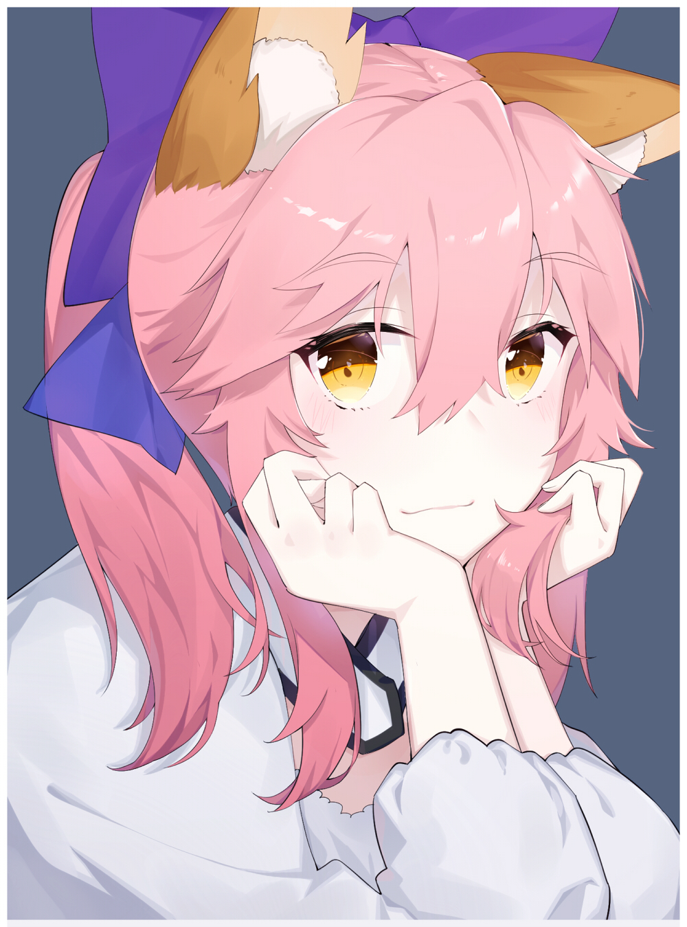 1girl animal_ear_fluff animal_ears blue_ribbon blush eyebrows_visible_through_hair fate/extella fate/extra fate/grand_order fate_(series) fox_ears fox_girl grey_background hair_ribbon hand_on_own_face highres ieufg light_smile looking_at_viewer pink_hair ribbon simple_background solo solo_focus tamamo_(fate)_(all) tamamo_no_mae_(fate) yellow_eyes