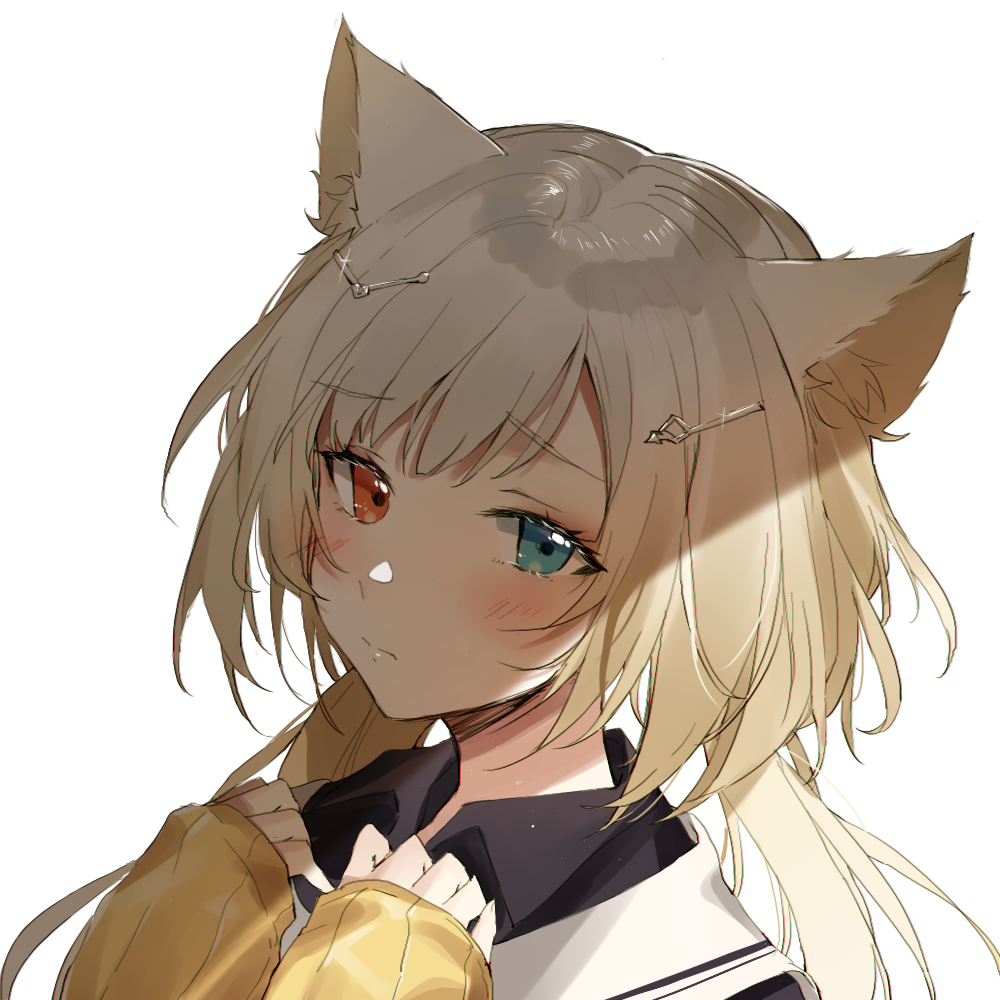 1girl animal_ears aqua_eyes arknights black_shirt blonde_hair blush cat_ears chinese_clothes closed_mouth eyebrows_visible_through_hair glint hair_ornament hairclip hands_on_own_chest heterochromia light long_hair looking_at_viewer meng_ziya red_eyes ribbed_sweater sailor_collar shade shirt simple_background sleeves_past_wrists solo sweater twintails upper_body white_background yellow_sweater