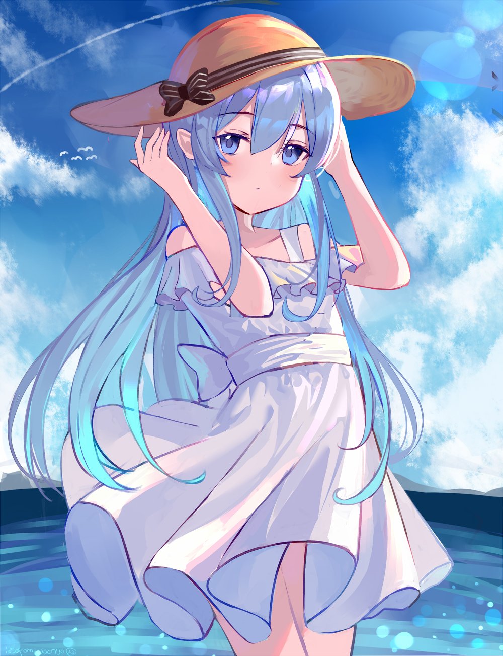 1girl alternate_costume blue_eyes blue_sky clouds condensation_trail cowboy_shot day dress hat hibiki_(kantai_collection) highres horizon kantai_collection long_hair looking_at_viewer mountain moyasi3409854 ocean outdoors silver_hair sky solo standing sun_hat sundress white_dress