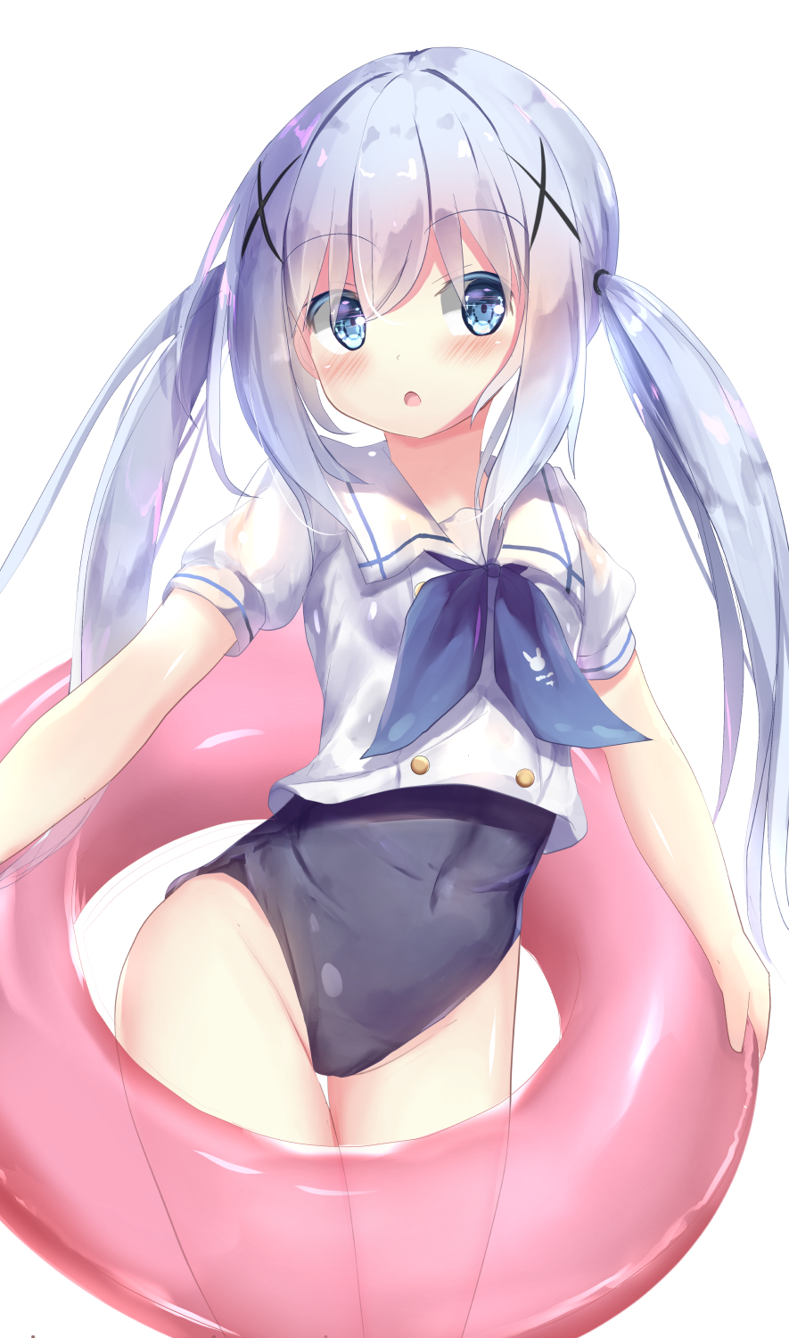 1girl :o bangs black_swimsuit blue_eyes blue_hair blue_neckwear blush commentary_request eyebrows_visible_through_hair gochuumon_wa_usagi_desu_ka? groin hair_between_eyes hair_ornament highres innertube kafuu_chino kafuu_chino's_school_uniform long_hair looking_at_viewer na!?_(naxtuyasai) neckerchief one-piece_swimsuit parted_lips puffy_short_sleeves puffy_sleeves sailor_collar school_uniform serafuku shirt short_sleeves sidelocks simple_background solo swimsuit swimsuit_under_clothes twintails very_long_hair white_background white_sailor_collar white_shirt x_hair_ornament