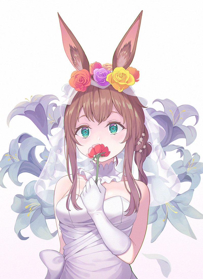 1girl 7eddy alternate_costume amiya_(arknights) animal_ear_fluff animal_ears arknights bangs bare_shoulders blue_flower breasts bridal_veil brown_hair collar commentary_request dress flower gloves gradient gradient_background green_eyes hand_up holding holding_flower long_hair medium_breasts orange_flower orange_rose partial_commentary purple_background purple_flower purple_rose rabbit_ears rose sidelocks solo strapless strapless_dress upper_body veil wedding_dress white_background white_collar white_dress white_gloves yellow_flower yellow_rose