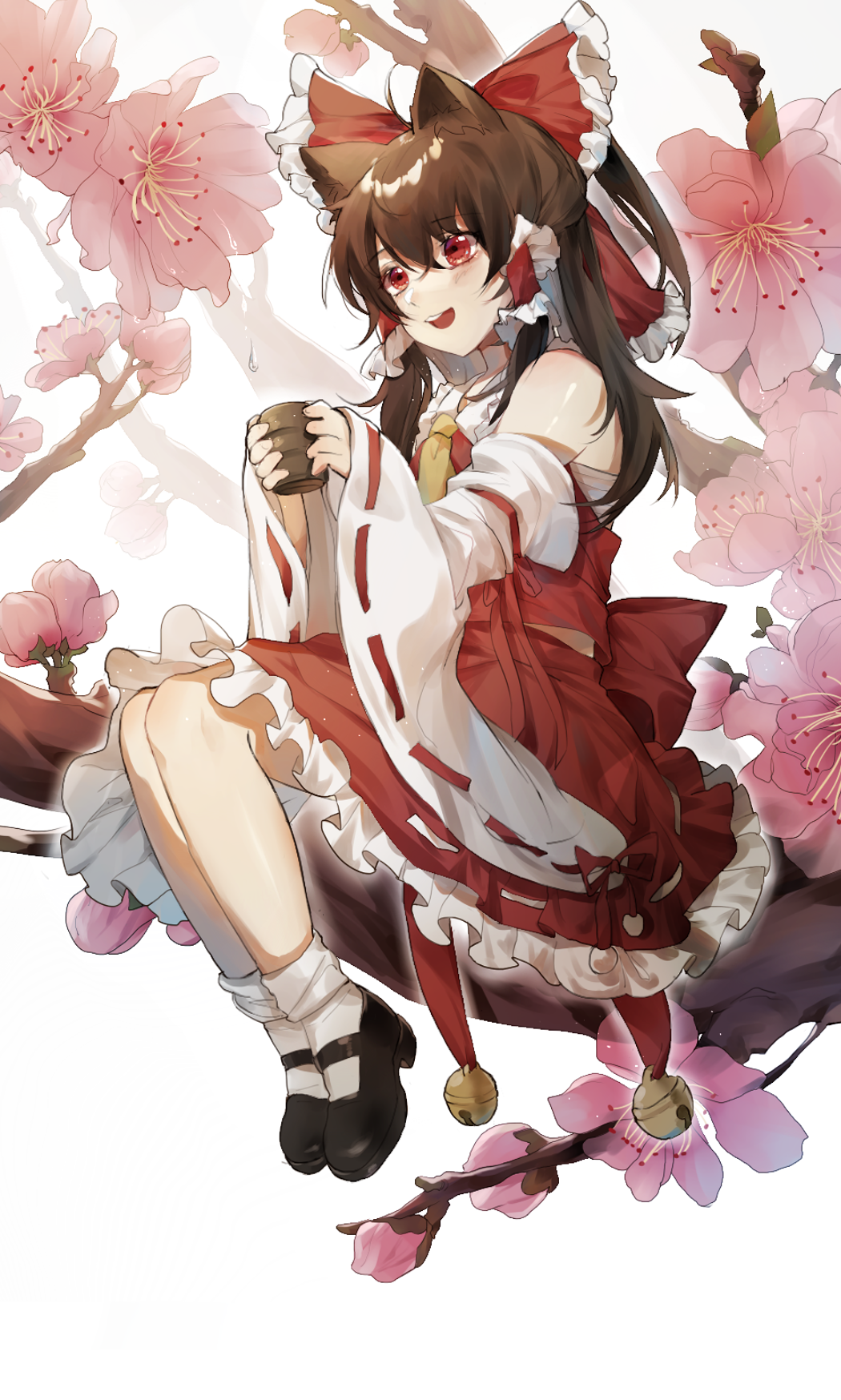 1girl ahoge animal_ears ascot bell black_footwear blush bow branch brown_hair cat_ears cherry_blossoms chinese_commentary cup detached_sleeves eyebrows_visible_through_hair frilled_skirt frills full_body hair_between_eyes hair_bow hair_tubes hakurei_reimu highres holding holding_cup in_tree kemonomimi_mode legs_together long_hair meng_ziya midriff nontraditional_miko open_mouth ponytail red_bow red_eyes red_skirt shoes sidelocks simple_background sitting sitting_in_tree sitting_on_branch skirt smile socks solo teacup touhou tree white_background white_legwear wide_sleeves yellow_neckwear