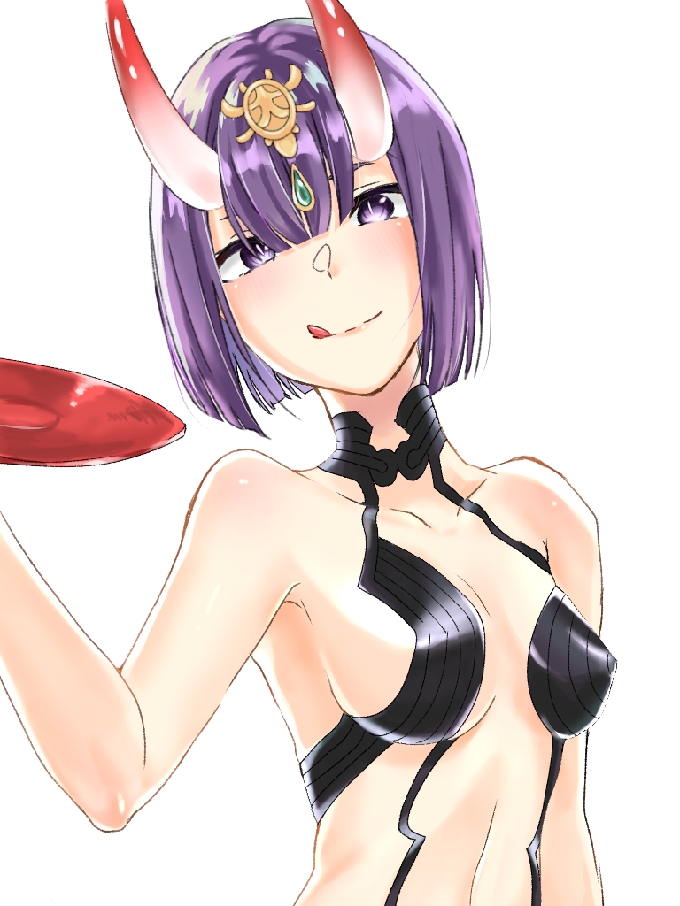 1girl artist_request bangs bare_shoulders bob_cut breasts closed_mouth collarbone cup eyeliner fate/grand_order fate_(series) headpiece horns licking_lips looking_at_viewer makeup medium_breasts oni oni_horns purple_hair revealing_clothes sakazuki short_hair shuten_douji_(fate/grand_order) simple_background skin-covered_horns smile solo tongue tongue_out violet_eyes white_background