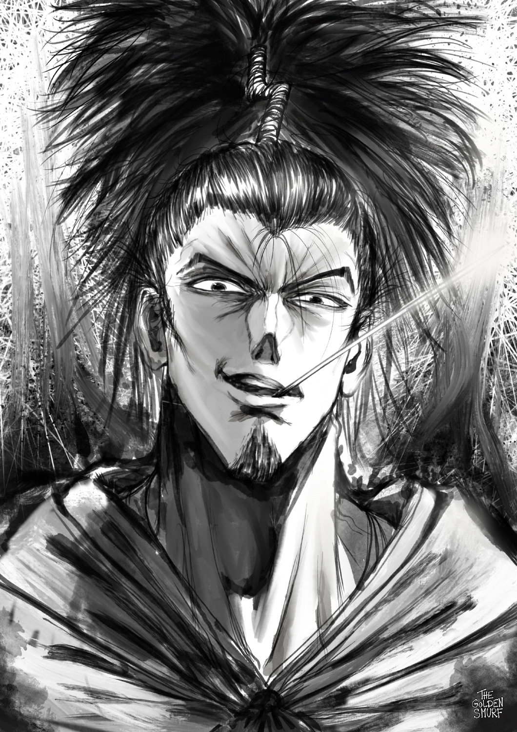 1boy artist_name atomic_samurai cape commentary english_commentary greyscale grin highres looking_at_viewer male_focus monochrome mouth_hold one-punch_man portrait sanpaku smile solo the_golden_smurf topknot
