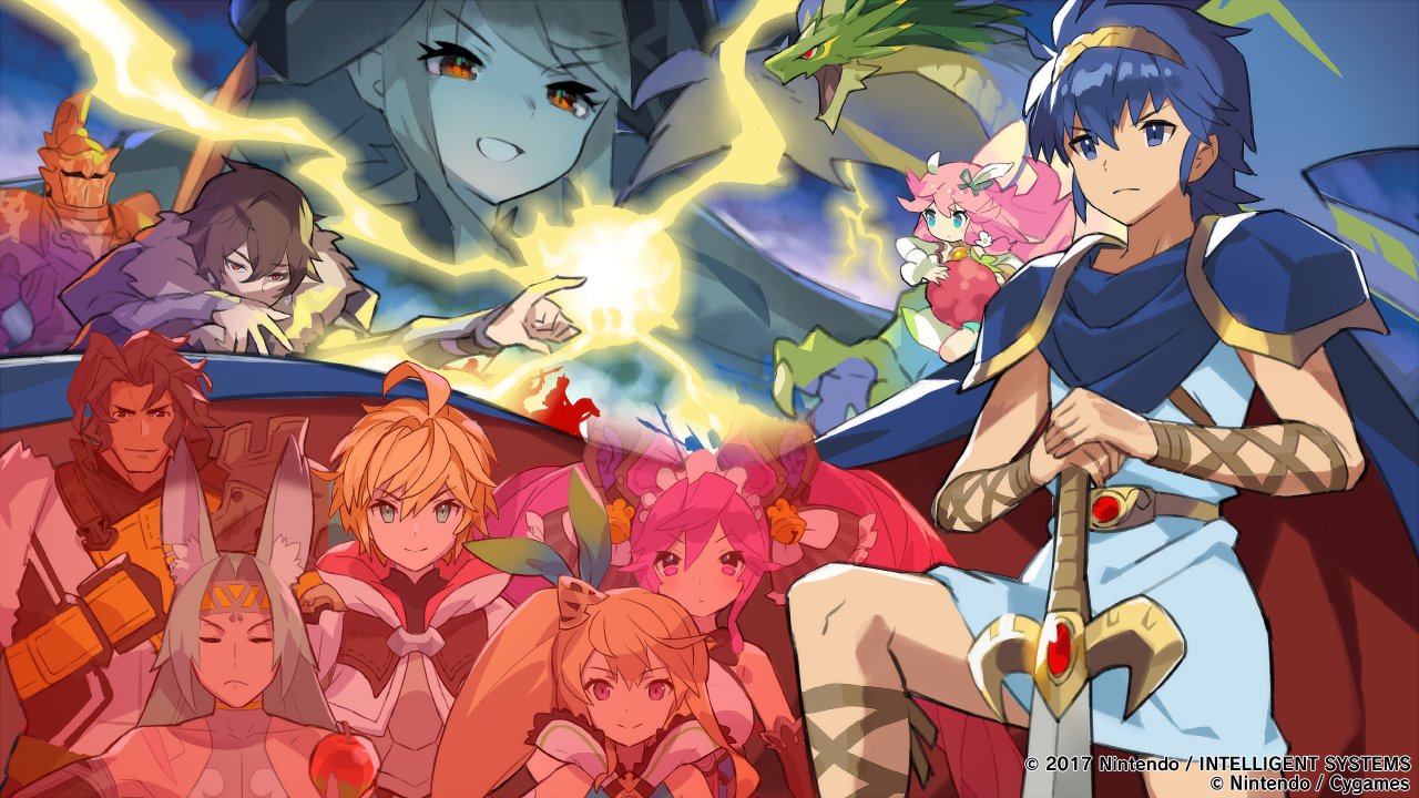 4girls 5boys ahoge animal_ears anniversary aqua_hair armor blonde_hair blue_hair brown_hair cape circlet cleo_(dragalia_lost) closed_eyes dark_skin dark_skinned_male dragalia_lost elisanne euden fairy fire_emblem fire_emblem:_shadow_dragon_and_the_blade_of_light halterneck harle_(dragalia_lost) luca_(dragalia_lost) marth_(fire_emblem) midgardsormr_(dragalia_lost) multiple_boys multiple_girls notte_(dragalia_lost) official_art parody pauldrons pink_hair projected_inset ranzal side_ponytail sidelocks sword thunder tiara tunic twintails watermark weapon zethia