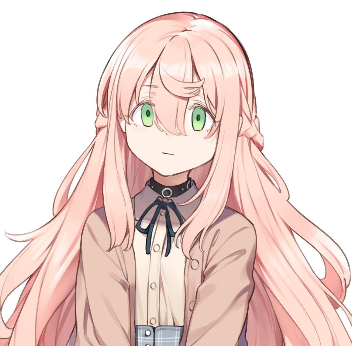 1girl choker eyebrows_visible_through_hair green_eyes hair_between_eyes long_hair long_sleeves looking_at_viewer nippon_ichi_no_koukousei_majutsushi_isekai_dorei_shoujo_wo_morau nyum pink_hair simple_background solo staring upper_body very_long_hair white_background