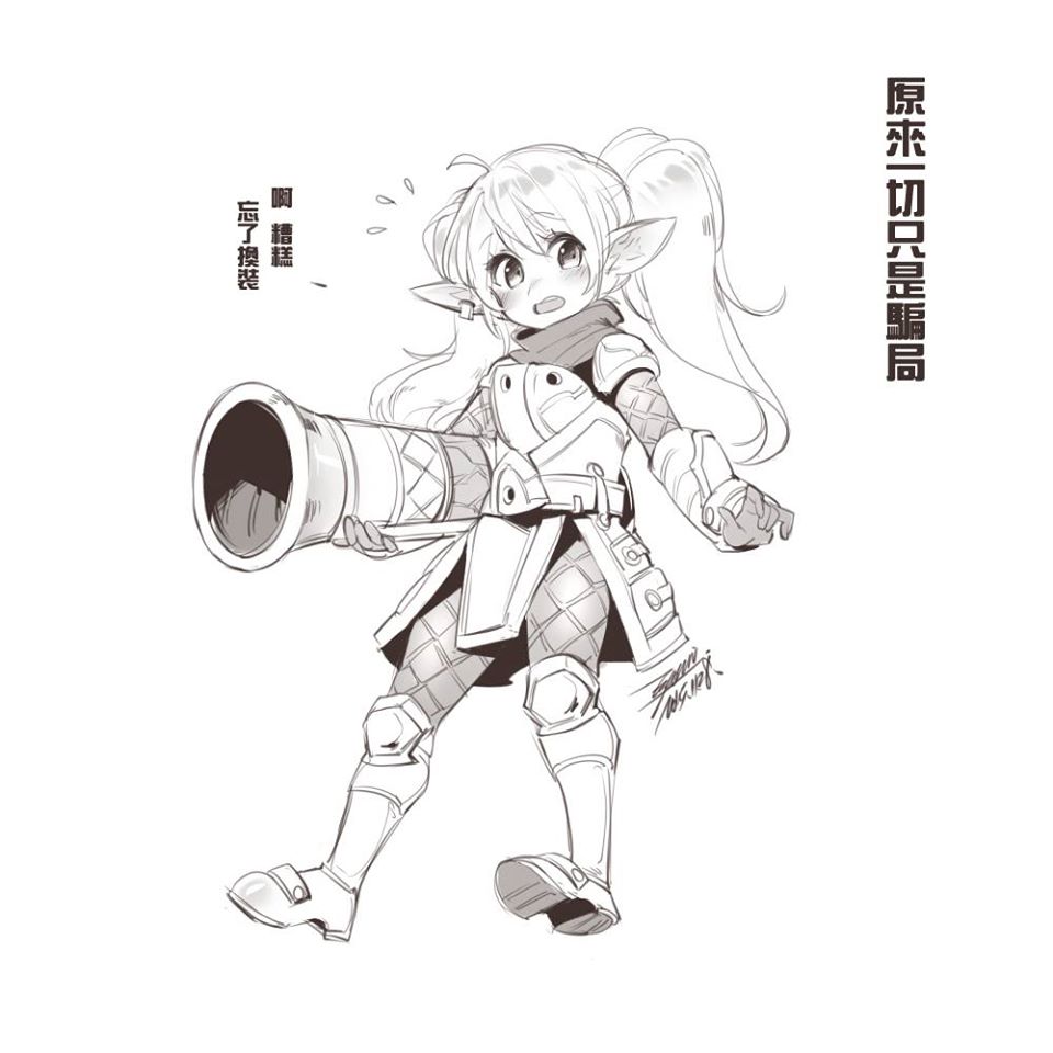 1girl armor chinese_text earrings ejami greyscale jewelry league_of_legends long_hair looking_at_viewer monochrome pointy_ears poppy simple_background solo translation_request twintails white_background yordle