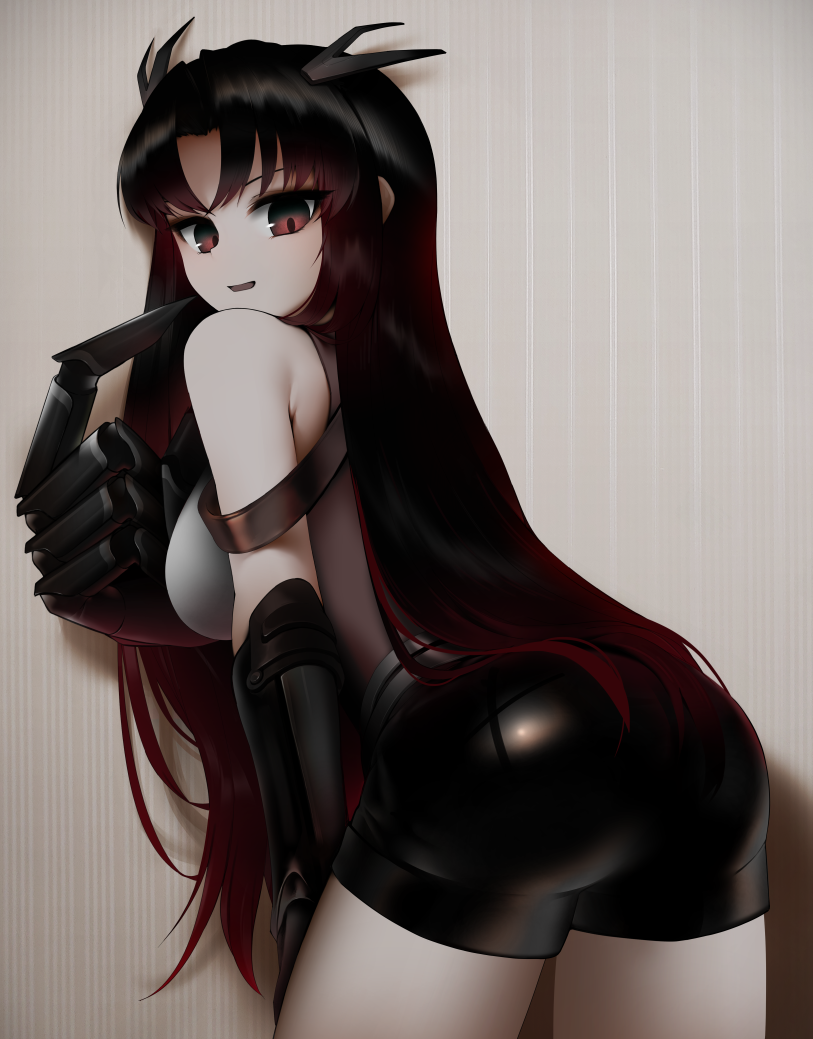 1girl ass bike_shorts black_hair executioner_(girls_frontline) finger_to_mouth gauntlets girls_frontline gradient_hair leaning_forward long_hair multicolored_hair pale_skin red_eyes redhead sangvis_ferri sepia545 solo tight very_long_hair