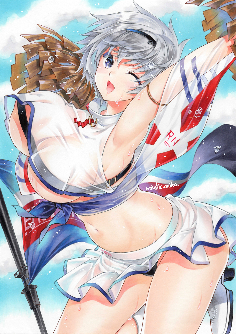 1girl ;d anchor_symbol armlet armpits arms_up azur_lane bangs bare_legs bare_shoulders beltbra black_hairband black_panties blue_sky blush boots bouncing_breasts breasts cheerleader clouds commentary_request cowboy_shot crop_top crop_top_overhang day eyebrows_visible_through_hair flag grey_hair groin hair_between_eyes hairband high_heel_boots high_heels holding_pom_poms jumping large_breasts looking_at_viewer midriff miniskirt navel nordic_niku one_eye_closed open_mouth panties pantyshot pom_poms purple_sash reno_(azur_lane) reno_(biggest_little_cheerleader)_(azur_lane) sash see-through see-through_skirt see-through_sleeves sheer_clothes shirt short_hair sidelocks signature skirt sky sleeveless smile solo sweat under_boob underwear violet_eyes water_drop white_footwear
