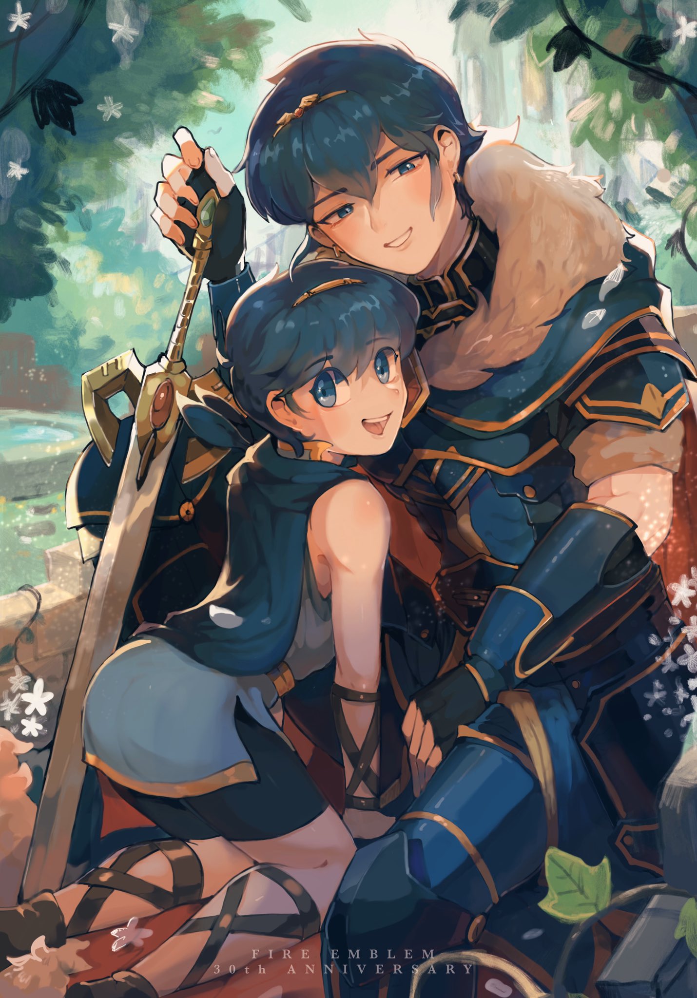 2boys all_fours anniversary armor bii_(chigonez) bike_shorts black_shorts blue_cape blue_hair cape child dual_persona english_commentary fire_emblem fire_emblem:_mystery_of_the_emblem_(anime) fire_emblem:_mystery_of_the_emblem fire_emblem:_mystery_of_the_emblem_ova fire_emblem:_shin_ankoku_ryuu_to_hikari_no_tsurugi fire_emblem_11 fire_emblem_3 fire_emblem_heroes fire_emblem_mystery_of_the_emblem fire_emblem_shadow_dragon highres intelligent_systems male_focus marth_(fire_emblem) multiple_boys nintendo shorts sidelocks smile super_smash_bros. sword teenage tiara time_paradox tunic weapon young_adult younger