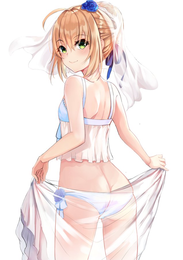 1girl ahoge artoria_pendragon_(all) ass bangs bare_arms bare_shoulders blonde_hair blue_ribbon blush breasts bridal_veil commentary commission eyebrows_visible_through_hair fate/grand_order fate_(series) from_behind green_eyes hair_ribbon looking_at_viewer nao_(okt8538) panties ribbon saber see-through simple_background small_breasts smile solo thighs underwear veil white_background white_panties