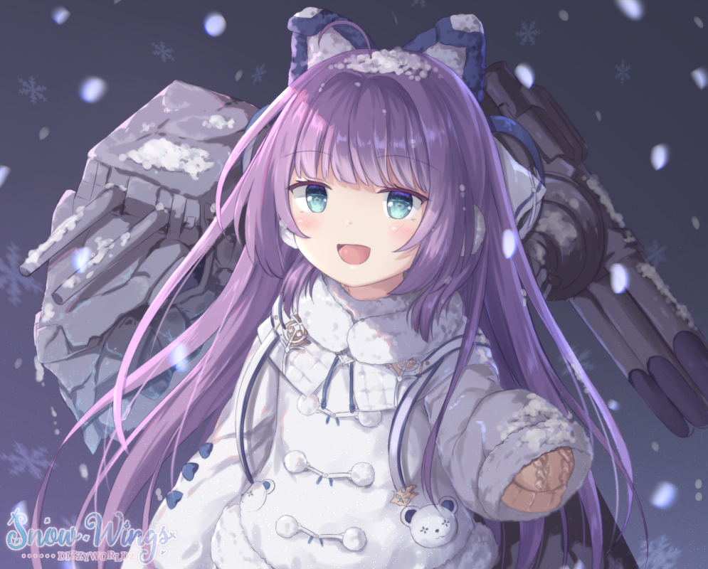 1girl animal_ears arm_up azur_lane blue_eyes blush brown_sweater coat dizzyworld2 eyebrows_visible_through_hair fake_animal_ears fur-trimmed_coat fur_trim hair_ornament hair_ribbon long_hair long_sleeves looking_at_viewer night open_mouth ponytail purple_hair ribbon shirt sleeves_past_wrists smile snow snowing solo sweater tashkent_(azur_lane) torpedo turret very_long_hair very_long_sleeves white_coat winter_clothes