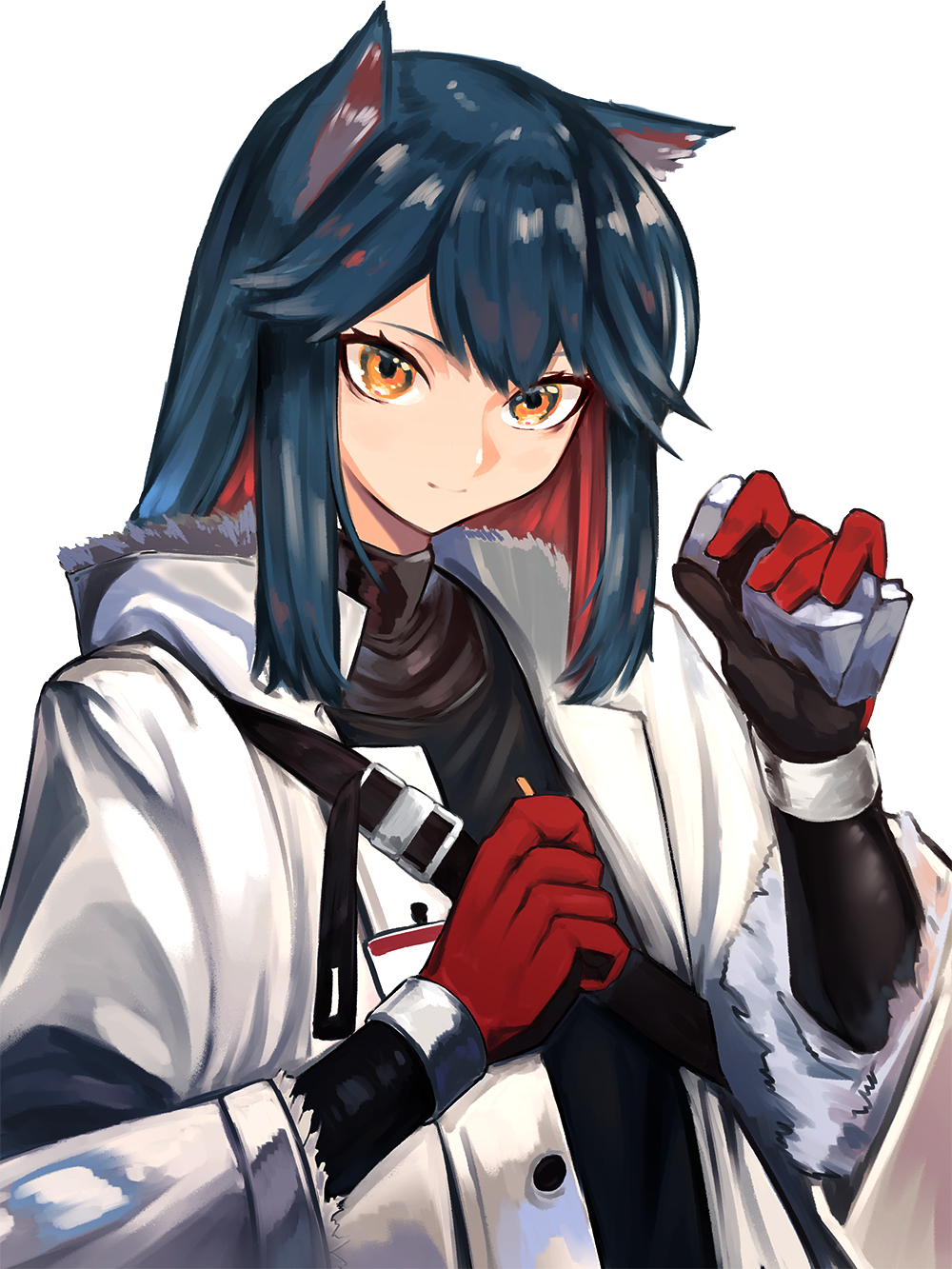 1girl animal_ears arknights black_shirt blue_hair cigarette cigarette_box closed_mouth commentary eyelashes floatingapple gloves highres jacket long_hair looking_at_viewer multicolored_hair name_tag orange_eyes red_gloves redhead shirt simple_background smile solo strap streaked_hair texas_(arknights) turtleneck two-tone_hair upper_body white_background white_jacket wolf_ears