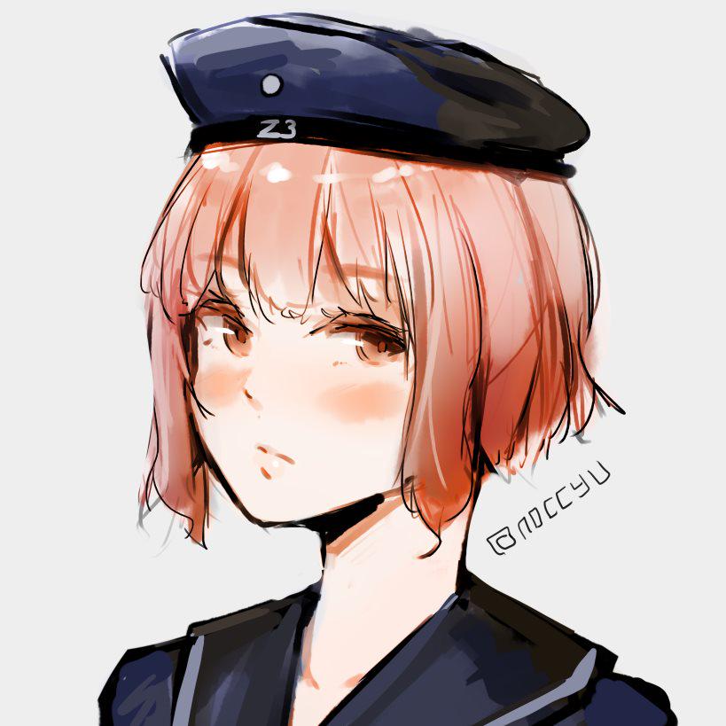 1girl beret black_sailor_collar blue_headwear blush closed_mouth eyebrows_visible_through_hair hat kantai_collection looking_at_viewer noccu pink_eyes pink_hair portrait sailor_collar school_uniform serafuku short_hair simple_background solo twitter_username white_background z3_max_schultz_(kantai_collection)