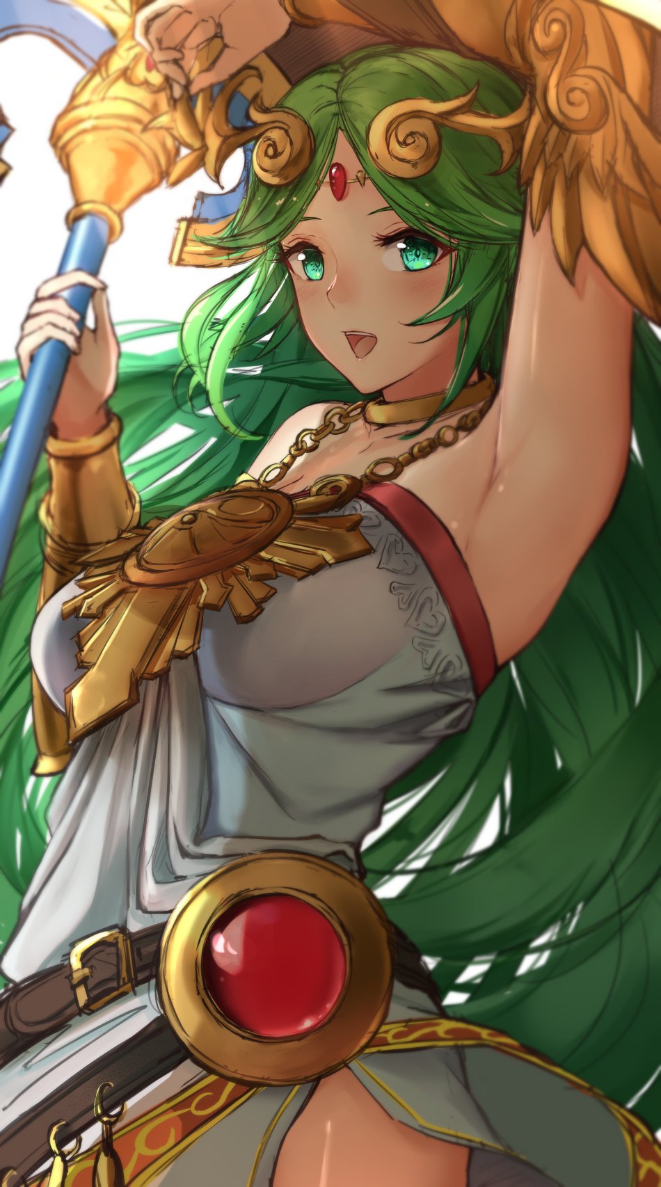 1girl :d armpits bangle bangs bare_shoulders belt blush bracelet breasts brown_belt circlet dress forehead_jewel goddess green_eyes green_hair hair_ornament highres holding holding_staff ippers jewelry kid_icarus kid_icarus_uprising large_breasts long_hair looking_at_viewer necklace open_mouth palutena parted_bangs smile staff strapless strapless_dress vambraces very_long_hair white_dress