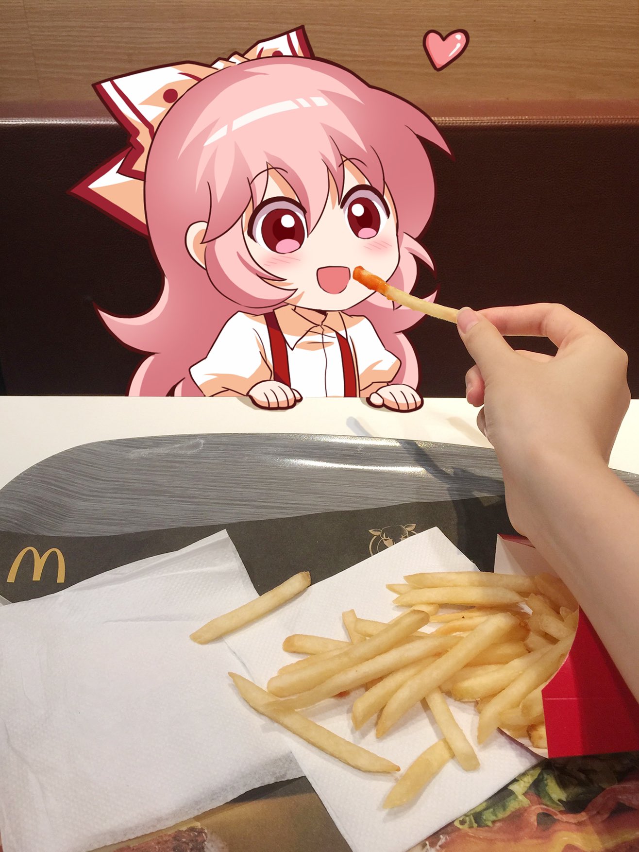 1girl blush bow collared_shirt disembodied_hands eyebrows_visible_through_hair feeding food french_fries fujiwara_no_mokou hair_bow heart highres long_hair looking_away mcdonald's open_mouth photo pink_hair puffy_short_sleeves puffy_sleeves red_eyes shangguan_feiying shirt short_sleeves smile suspenders touhou white_bow white_shirt