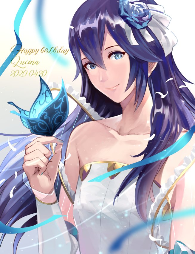 1girl 2020 alternate_costume ameno_(a_meno0) bare_shoulders birthday blue_butterfly blue_eyes blue_flower blue_hair blue_ribbon bride bride_(fire_emblem) bug butterfly butterfly_on_finger character_name closed_mouth collarbone commentary_request dress fire_emblem fire_emblem_awakening fire_emblem_musou flower hair_between_eyes hair_flower hair_ornament hair_ribbon happy_birthday insect lips long_hair looking_at_viewer lucina lucina_(fire_emblem) petals ribbon smile solo wedding_dress white_background white_dress white_petals white_ribbon