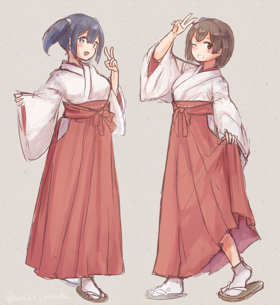 2girls alternate_costume bangs blue_hair blush breasts brown_hair eyebrows_visible_through_hair full_body grin hakama hiryuu_(kantai_collection) japanese_clothes kantai_collection kimono long_sleeves multiple_girls one_eye_closed open_mouth red_hakama short_hair simple_background smile socks souryuu_(kantai_collection) standing tabi twintails v white_legwear wide_sleeves wss_(nicoseiga19993411) zouri