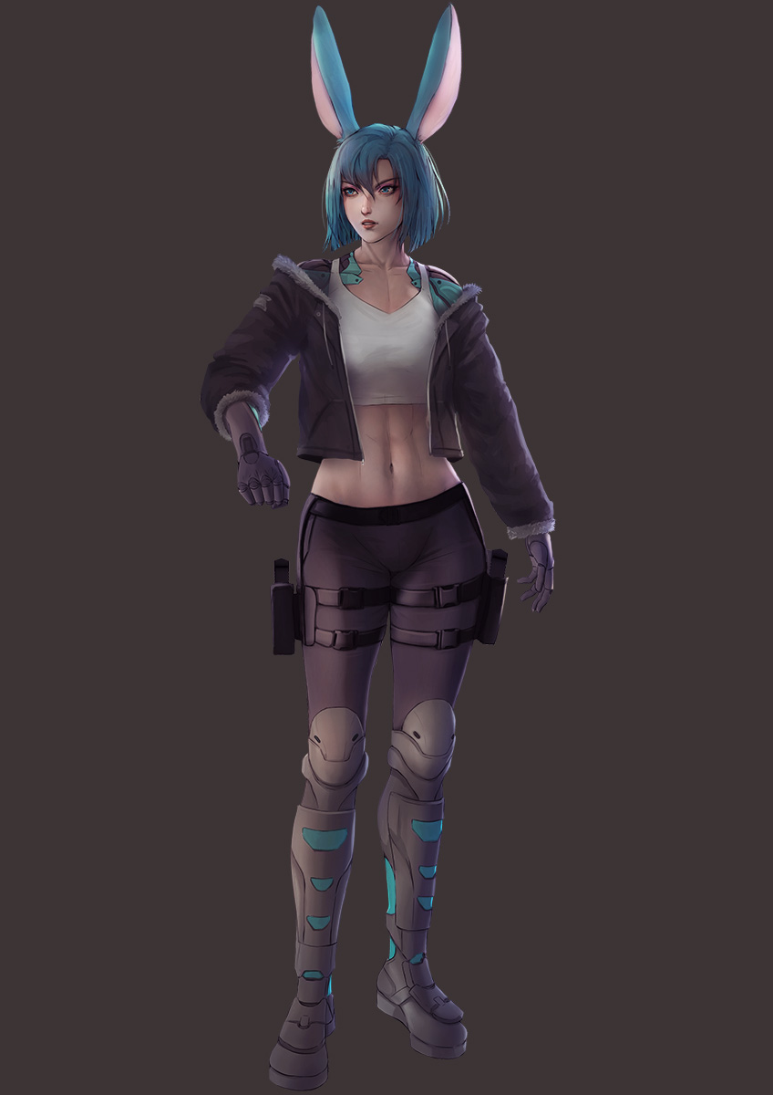 1girl animal_ears bangs blue_eyes blue_hair boots brown_background commission cropped_jacket cyberpunk cyborg facing_viewer final_fantasy final_fantasy_xiv full_body highres holster jacket mechanical_arm midriff open_clothes open_jacket parted_lips rabbit_ears short_hair solo tank_top thigh_holster viera vincent_andrada