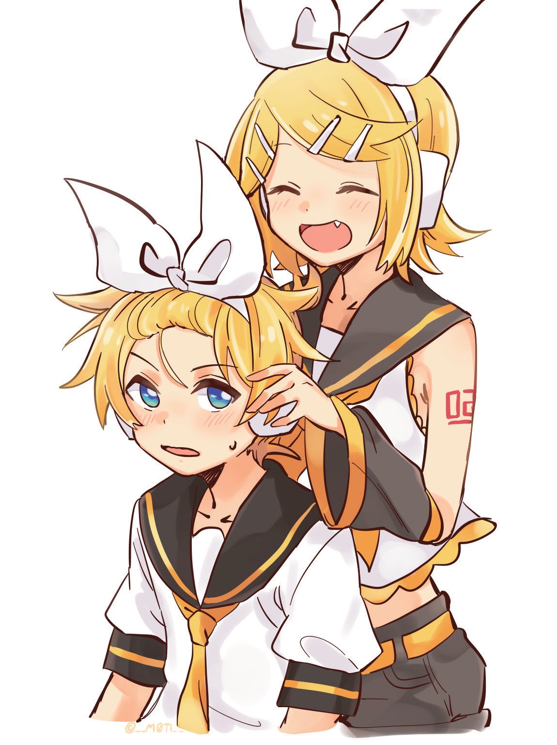 1boy 1girl bangs bangs_pinned_back bare_shoulders black_collar black_shorts black_sleeves blonde_hair blue_eyes bow closed_eyes collar crop_top cropped_torso detached_sleeves fang hair_bow hair_ornament hairband hairclip hairdressing headphones highres kagamine_len kagamine_rin light_blush looking_at_another m0ti neckerchief necktie open_mouth sailor_collar school_uniform shirt short_hair short_shorts short_sleeves shorts shoulder_tattoo sleeveless sleeveless_shirt smile spiky_hair sweat swept_bangs tattoo upper_body vocaloid white_background white_bow white_shirt yellow_neckwear