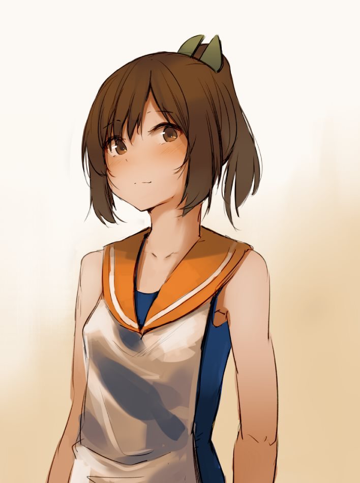 1girl blue_swimsuit brown_eyes brown_hair closed_mouth commentary english_commentary eyebrows_visible_through_hair gradient gradient_background headgear i-401_(kantai_collection) kantai_collection looking_at_viewer noccu one-piece_swimsuit orange_sailor_collar ponytail sailor_collar school_swimsuit school_uniform serafuku shirt short_hair smile solo standing swimsuit white_shirt yellow_background