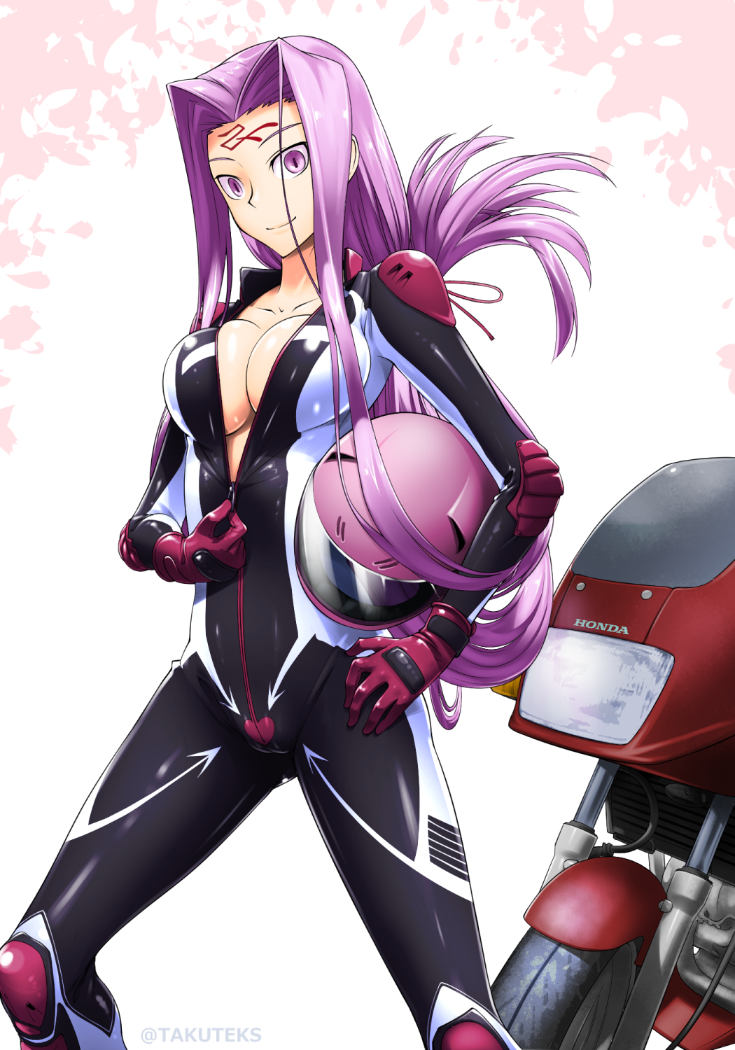 1girl biker_clothes bikesuit breasts facial_mark fate/stay_night fate_(series) folded_hair forehead_mark full-length_zipper ground_vehicle helmet highres large_breasts long_hair motor_vehicle motorcycle motorcycle_helmet partially_unzipped purple_hair racing_suit rider skin_tight solo takuteks very_long_hair zipper