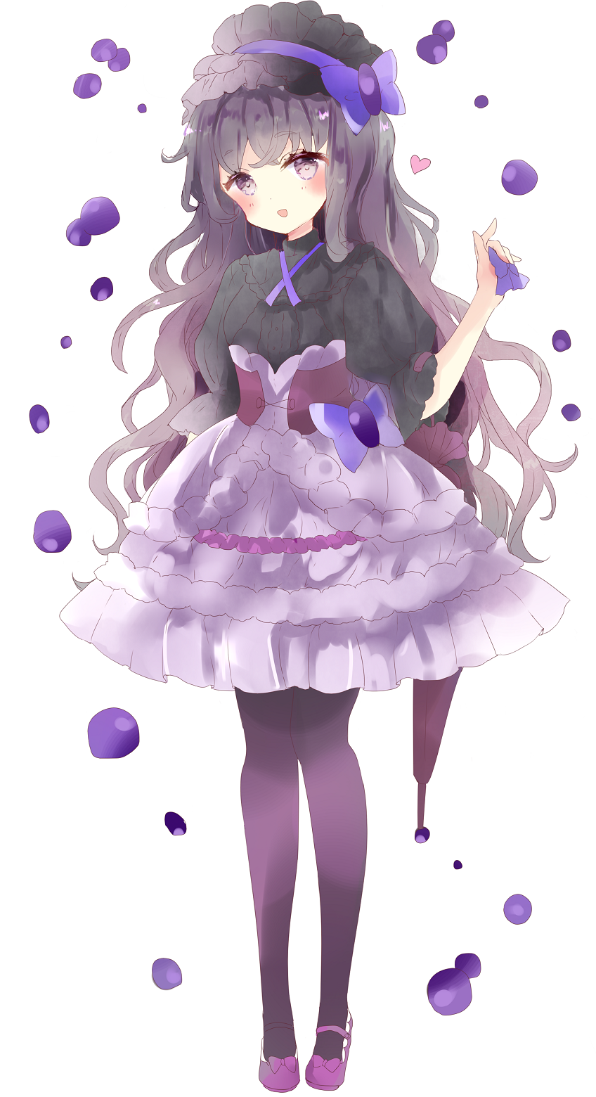 1girl :d bangs black_hair black_legwear black_shirt blush bow closed_umbrella commentary_request eyebrows_visible_through_hair frilled_skirt frills full_body hairband hand_up high-waist_skirt highres holding long_hair looking_at_viewer open_mouth original pantyhose puffy_short_sleeves puffy_sleeves purple_bow purple_footwear purple_hairband purple_skirt purple_umbrella shirt shoes short_sleeves simple_background skirt smile solo standing tsukiyo_(skymint) umbrella very_long_hair violet_eyes white_background