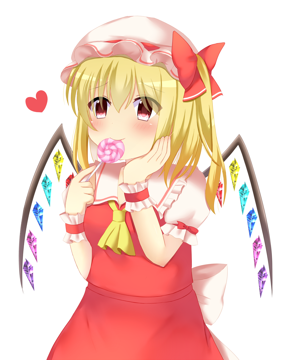 1girl arms_up blonde_hair blush candy commentary_request cravat eating eyebrows_visible_through_hair flandre_scarlet food hair_between_eyes hand_on_own_cheek hat hat_ribbon heart holding_lollipop lollipop looking_at_viewer mob_cap one_side_up puffy_short_sleeves puffy_sleeves red_eyes red_skirt red_vest ribbon shirt short_hair short_sleeves simple_background skirt skirt_set smile solo standing swirl_lollipop touhou upper_body vest white_background white_headwear white_shirt wings wrist_cuffs yellow_neckwear yukina_kurosaki