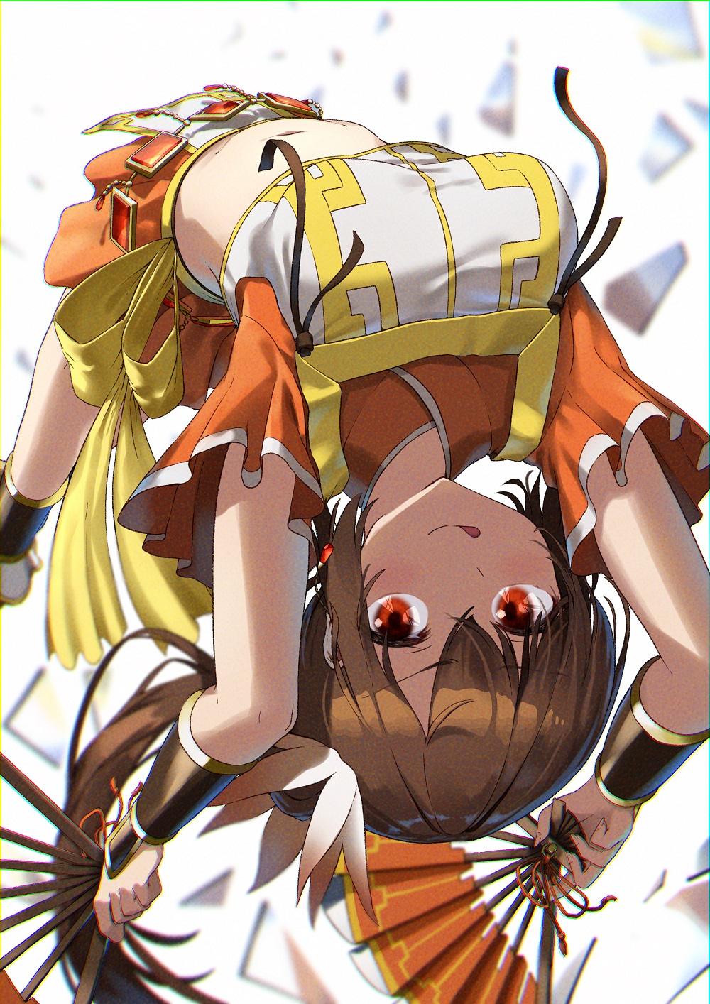 1girl :p backlighting bare_legs blurry blurry_background breasts broken broken_glass brown_hair commentary_request crop_top dot_nose eyebrows_visible_through_hair fan fingernails floating_hair frilled_sleeves frills full_body glass hair_between_eyes harisen highres holding holding_fan jewelry looking_at_viewer magia_record:_mahou_shoujo_madoka_magica_gaiden mahou_shoujo_madoka_magica medium_breasts midriff navel noeru orange_eyes orange_skirt ponytail shiny shiny_hair simple_background skirt solo tongue tongue_out upside-down white_background wide_sleeves wristband yui_tsuruno