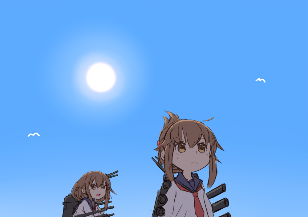2girls azu_(azusayumix) bird blue_sky brown_eyes brown_hair cannon character_request closed_mouth commentary_request day folded_ponytail inazuma_(kantai_collection) kantai_collection long_sleeves machinery multiple_girls necktie open_mouth outdoors purple_sailor_collar red_neckwear rigging sailor_collar school_uniform serafuku shirt sky sun sweatdrop white_shirt