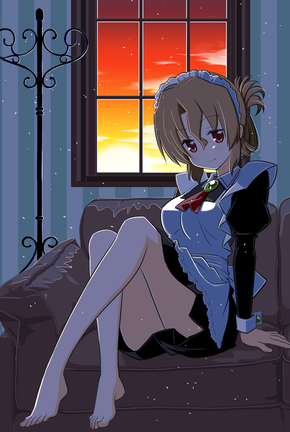 1girl apron breasts commentary_request couch crossed_legs dusk hata_kenjirou hayate_no_gotoku! highres indoors looking_at_viewer maid maid_apron maid_headdress maria_(hayate_no_gotoku!) medium_breasts official_art sitting smile solo window