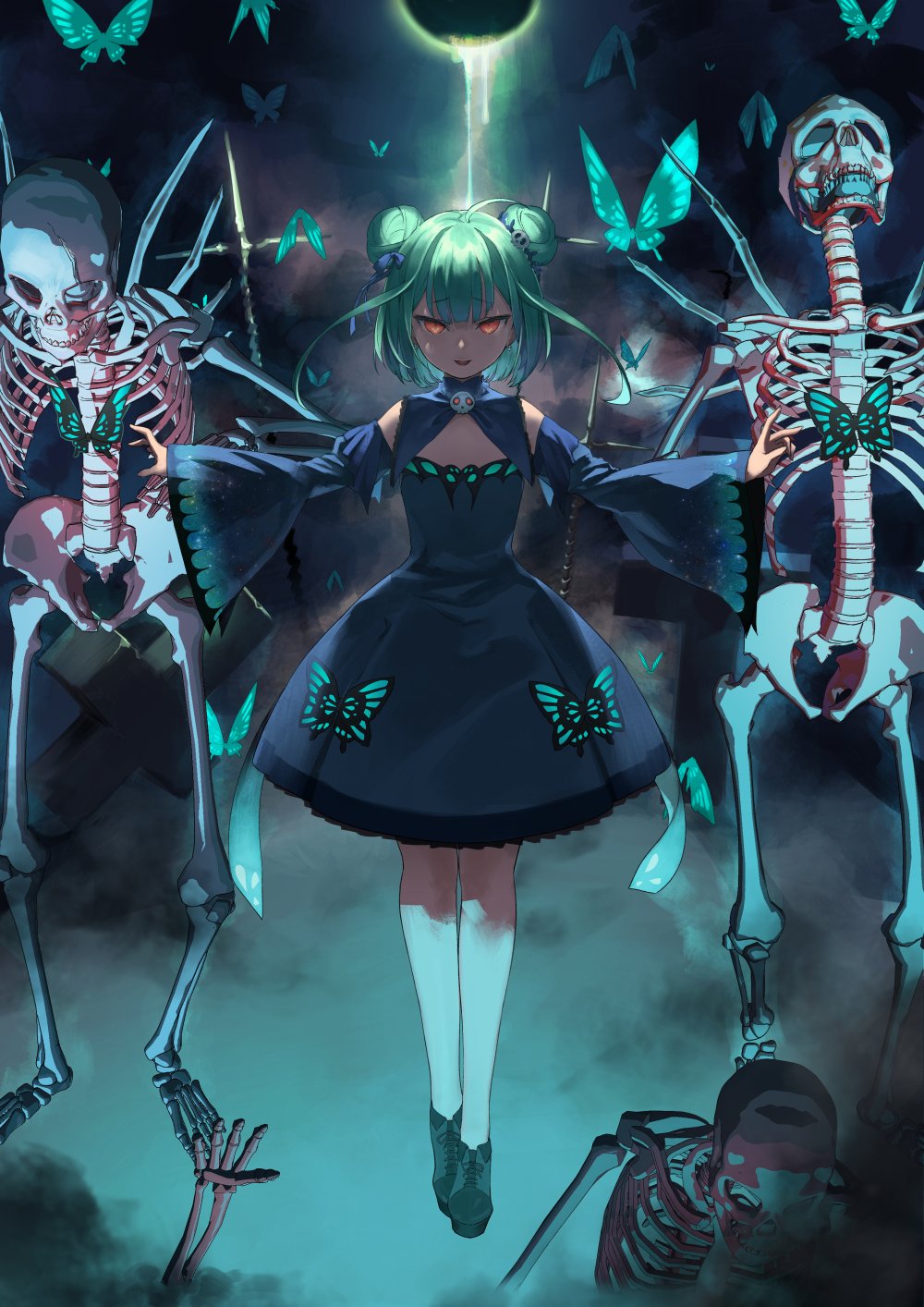1girl bug butterfly detached_sleeves double_bun dress dripping eyebrows_visible_through_hair frilled_dress frills green_hair hair_ornament hair_ribbon highres hololive insect open_mouth orange_eyes pasoda ribbon shoes short_eyebrows skeleton skull_hair_ornament smile solo uruha_rushia virtual_youtuber