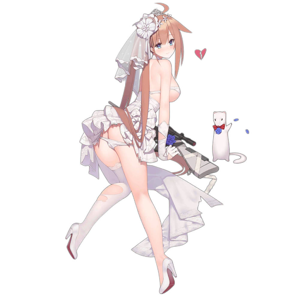 1girl ahoge alternate_costume animal ass bangs battle_rifle blonde_hair blue_eyes blunt_bangs blush bow bowtie breasts bridal_veil bride broken_heart choker closed_mouth dress elbow_gloves eyebrows_visible_through_hair fal_(girls_frontline) flower fn_fal from_behind full_body girls_frontline gloves gun hair_flower hair_ornament high_heels knees_together_feet_apart knife large_breasts leg_up long_hair looking_at_viewer looking_back official_art rat red_bow red_neckwear rifle scope shadow shoes short_dress side_ponytail single_thighhigh solo standing standing_on_one_leg strapless strapless_dress suisai thigh-highs torn_clothes torn_dress transparent_background veil very_long_hair weapon wedding_dress white_background white_dress white_flower white_footwear white_gloves white_legwear
