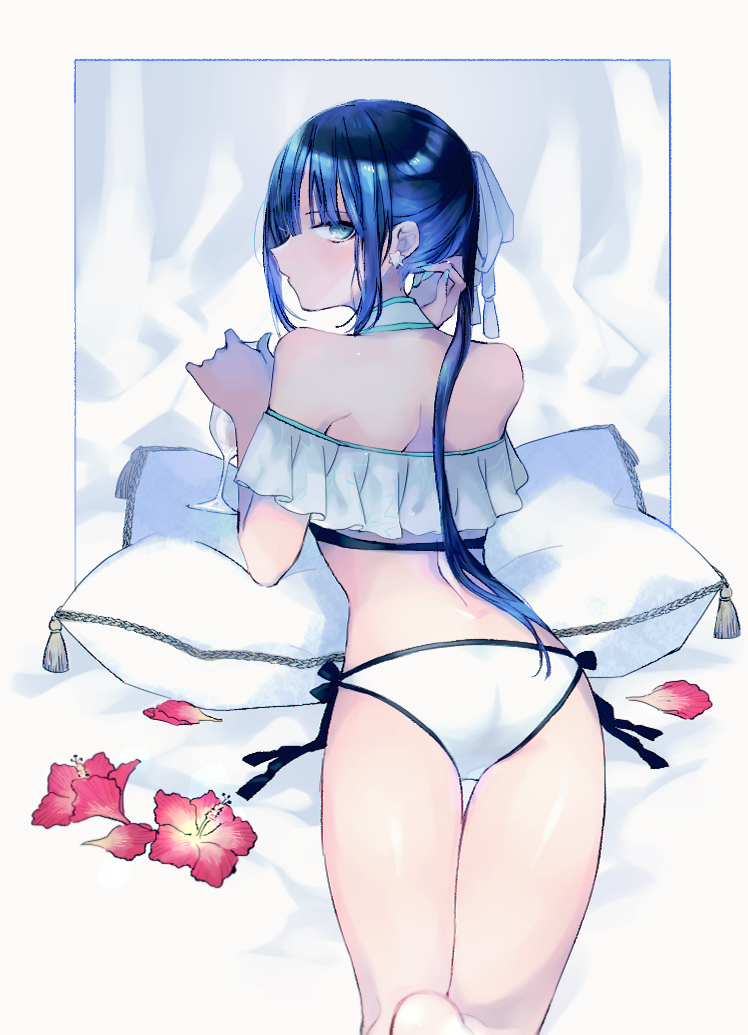 1girl aqua_eyes ass back bangs bare_shoulders bikini black_hair blush closed_mouth cup drinking_glass fate/grand_order fate_(series) flower hair_ribbon jing_ke_(fate/grand_order) kanitama_(putyourhead) long_hair looking_at_viewer looking_back off-shoulder_swimsuit off_shoulder pillow ponytail ribbon solo swimsuit thighs water_shine white_bikini white_ribbon wine_glass