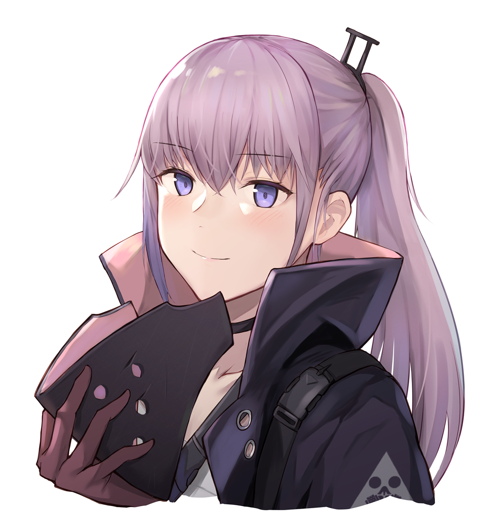 1girl blush choker commentary commission defy_(girls_frontline) english_commentary eyebrows_visible_through_hair gas_mask girls_frontline gloves hair_between_eyes hair_ornament jacket light_blush logo mask mask_removed mod3_(girls_frontline) niac pink_hair ponytail purple_gloves sidelocks simple_background smile solo st_ar-15_(girls_frontline) strap violet_eyes white_background