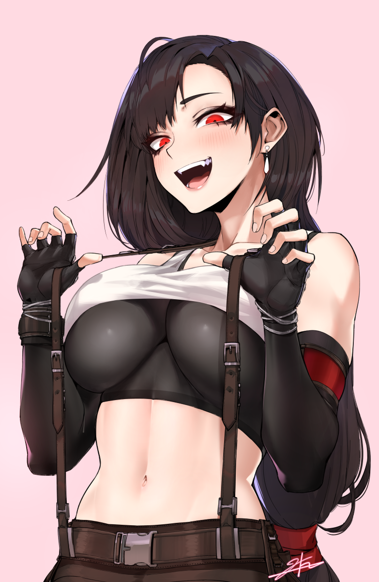 1girl bangs bare_shoulders black_hair black_skirt black_sports_bra breasts commentary earrings elbow_pads eyelashes fang final_fantasy final_fantasy_vii final_fantasy_vii_remake fingerless_gloves from_below gloves highres j.k. jewelry long_hair looking_at_viewer low-tied_long_hair midriff navel open_mouth pink_background pink_lips pulled_by_self red_eyes shirt shirt_lift skirt sleeveless sleeveless_shirt solo sports_bra suspender_skirt suspenders suspenders_pull tank_top tifa_lockhart upper_body white_tank_top