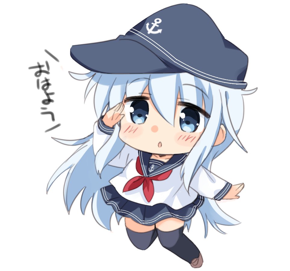 1girl :o anchor anchor_symbol bangs black_legwear blue_eyes blue_skirt blush chibi eyebrows_visible_through_hair flat_cap full_body hat hibiki_(kantai_collection) hizuki_yayoi kantai_collection long_hair long_sleeves open_mouth pleated_skirt red_neckwear sailor_collar school_uniform serafuku silver_hair simple_background skirt solo thigh-highs white_background